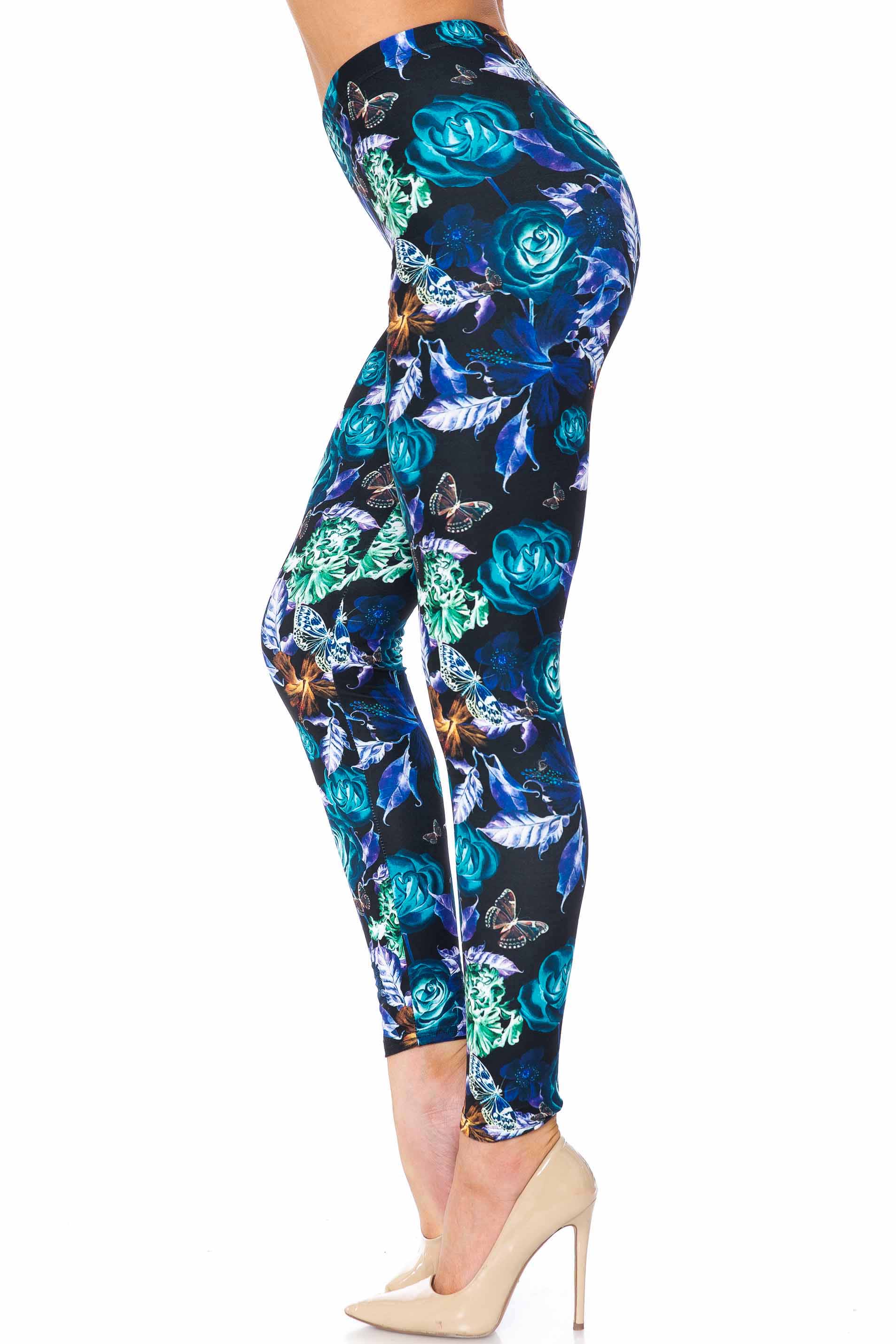 Creamy Soft Electric Blue Floral Butterfly Kids Leggings | USA Fashion™