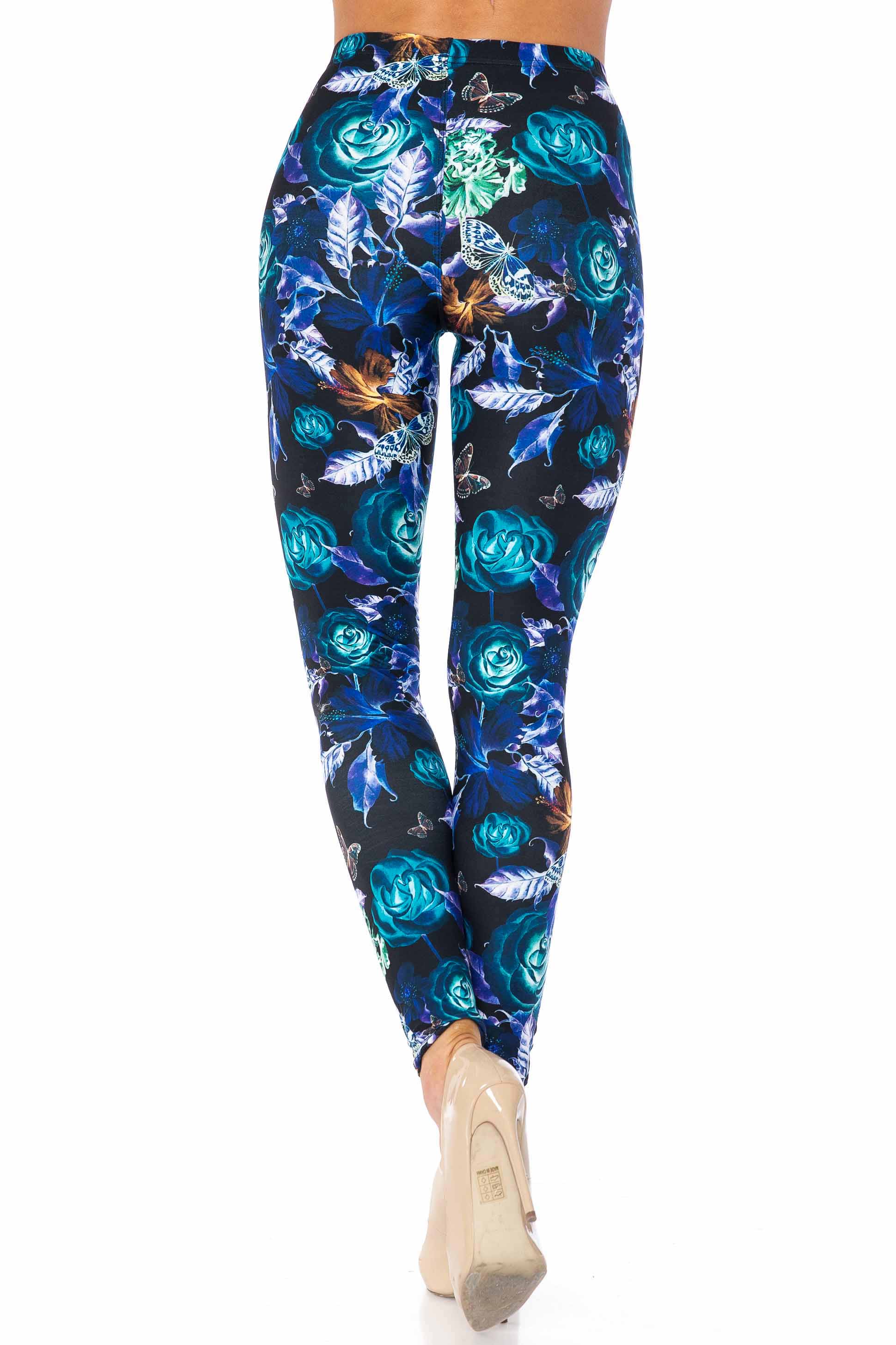 Creamy Soft Electric Blue Floral Butterfly Kids Leggings | USA Fashion™