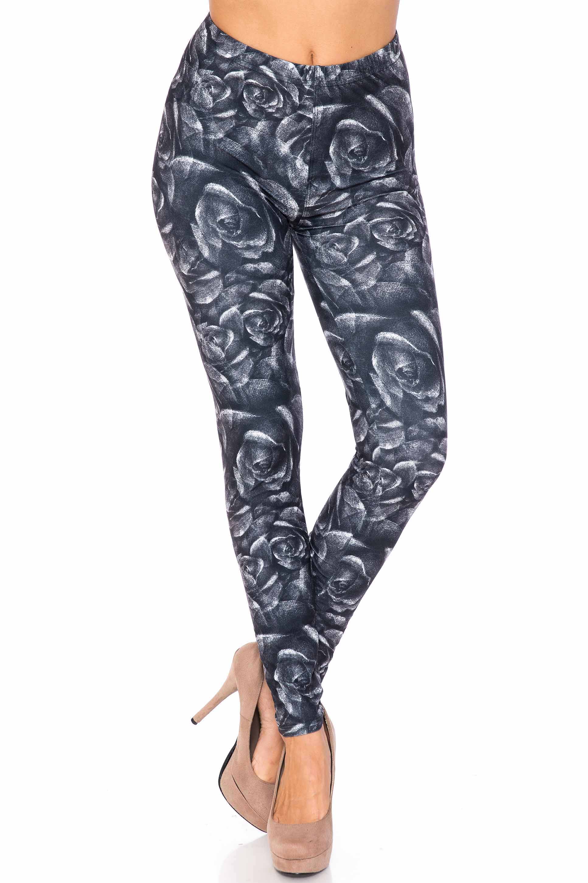 Creamy Soft Monochrome Rose Floral Kids Leggings | USA Fashion™