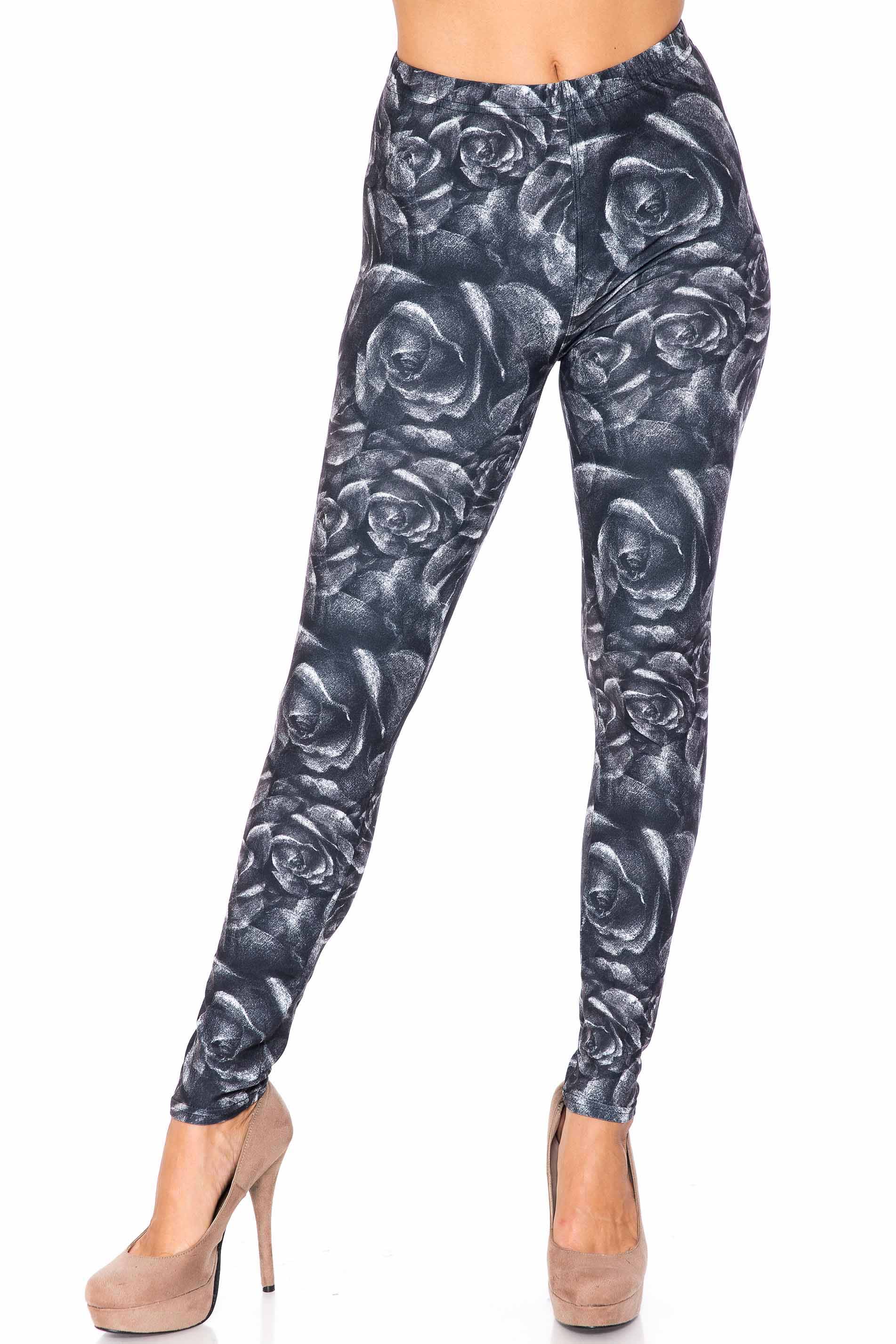 Creamy Soft Monochrome Rose Floral Kids Leggings | USA Fashion™