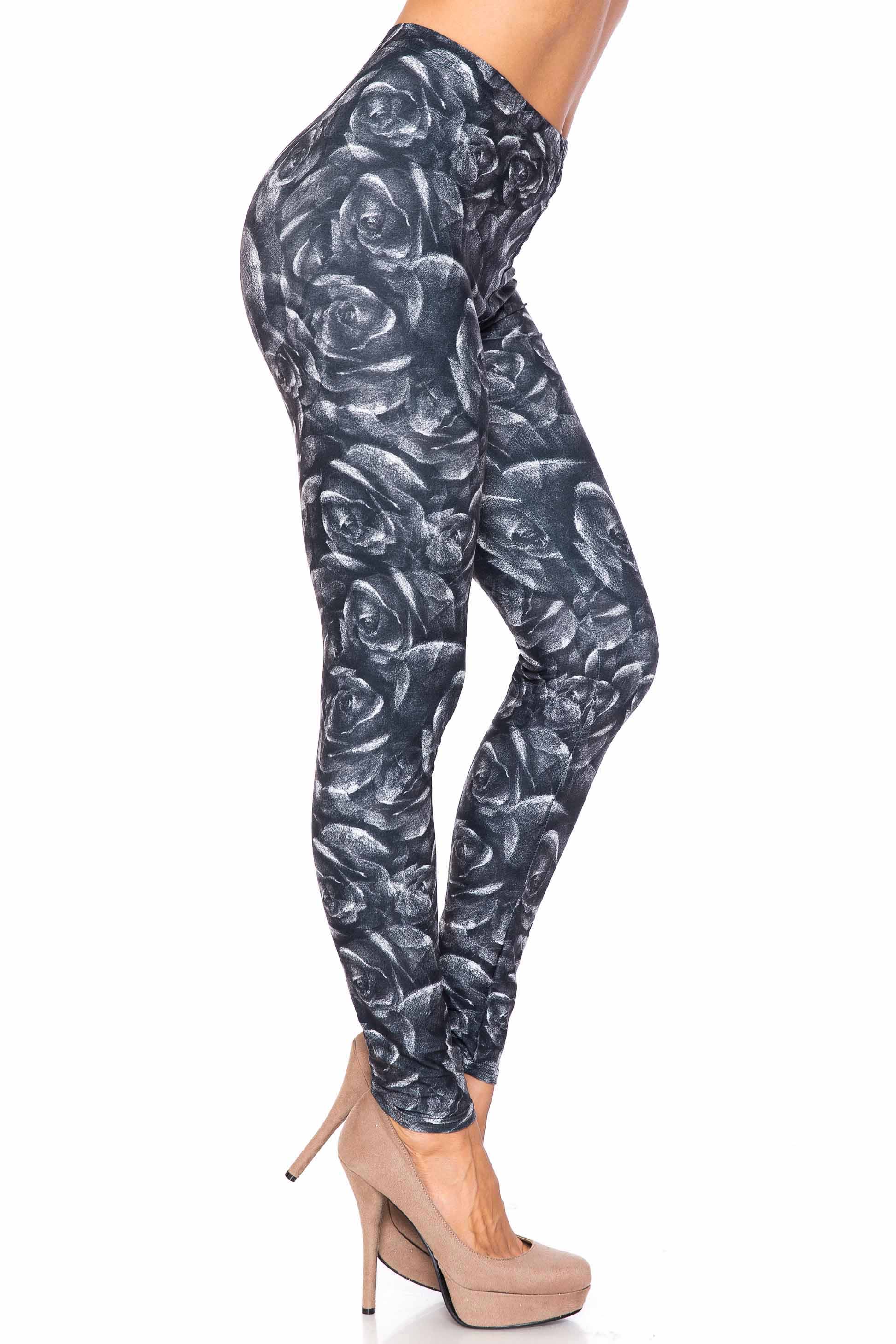 Creamy Soft Monochrome Rose Floral Kids Leggings | USA Fashion™