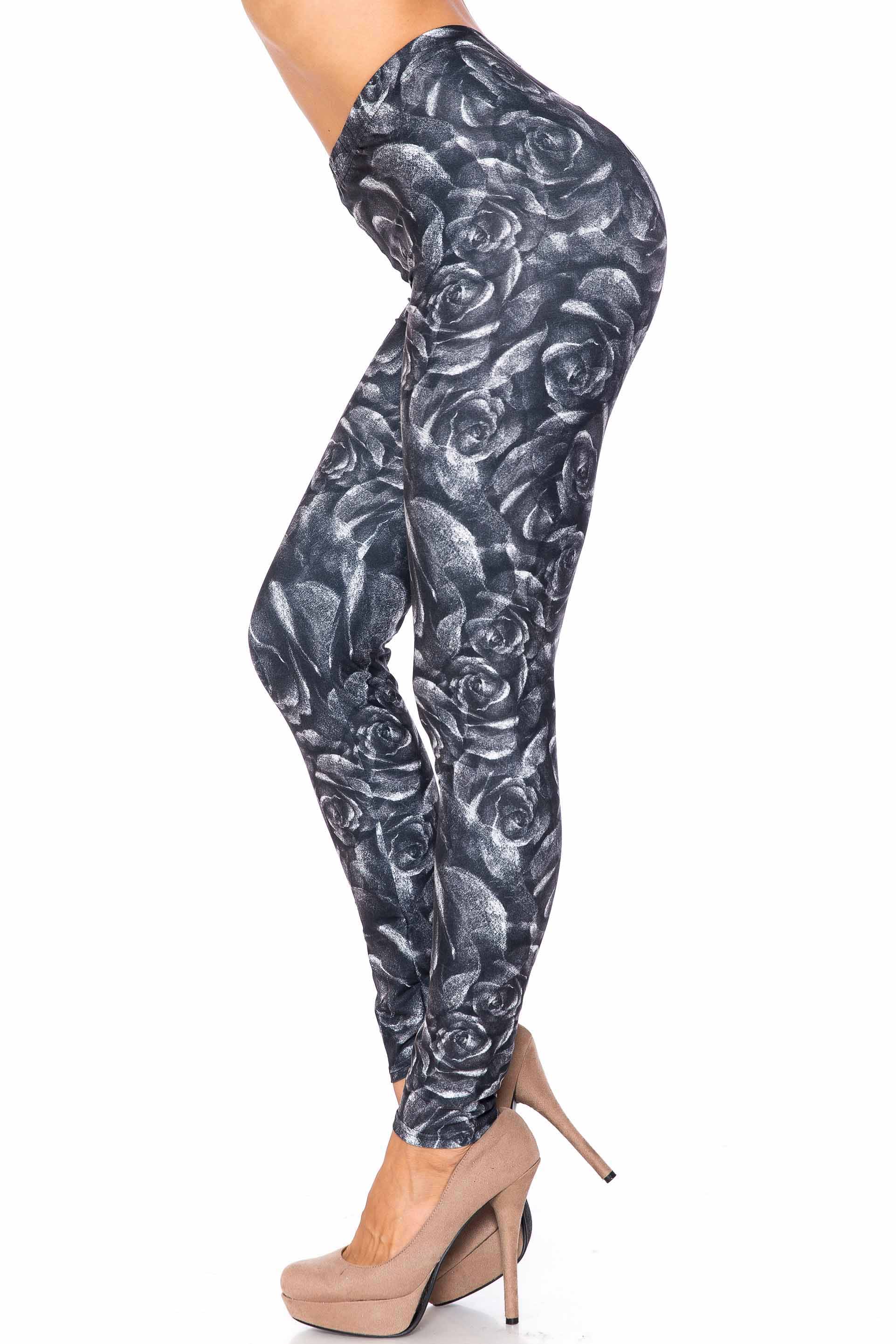 Creamy Soft Monochrome Rose Floral Kids Leggings | USA Fashion™