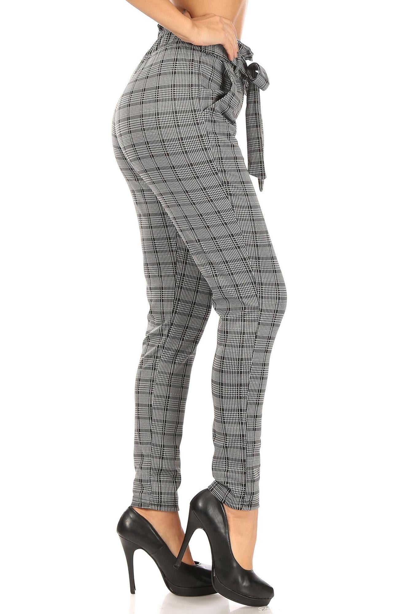Glen Plaid High Waisted Paper Bag Tie Front Pants