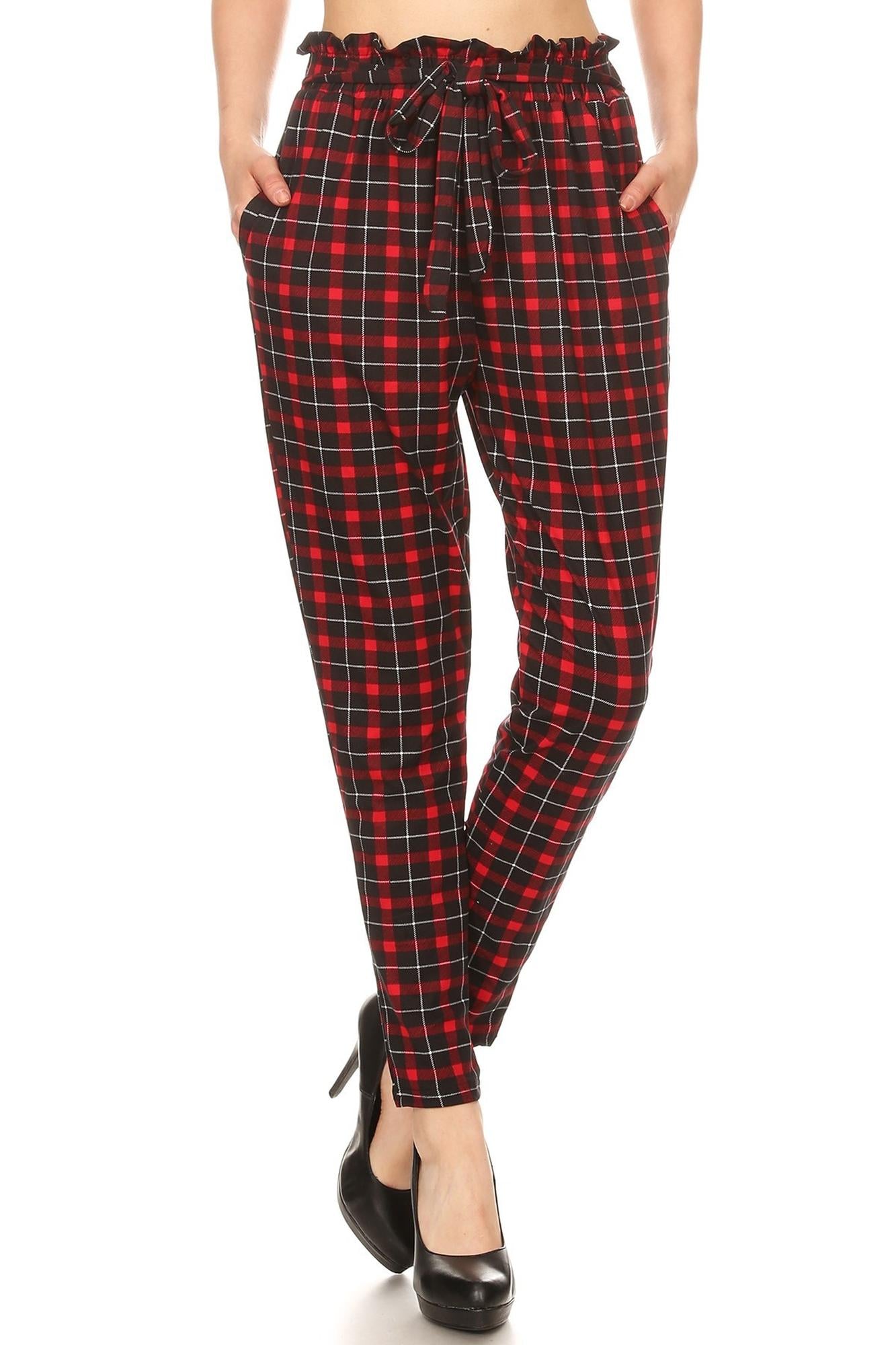 Red Plaid High Waisted Paper Bag Tie Front Pants