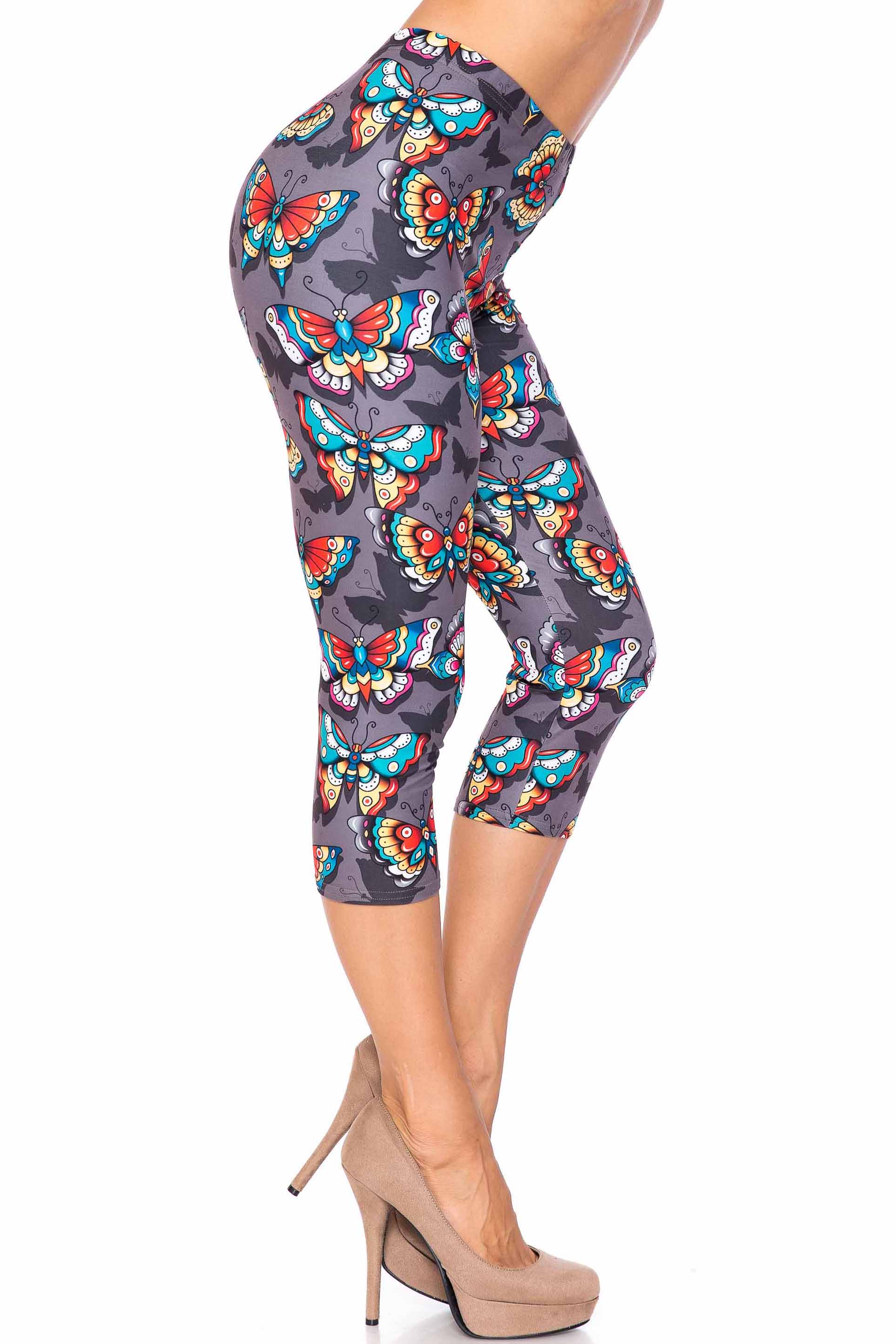 Creamy Soft Jewel Tone Butterfly Plus Size Capris - USA Fashion (One Size Plus,Charcoal)