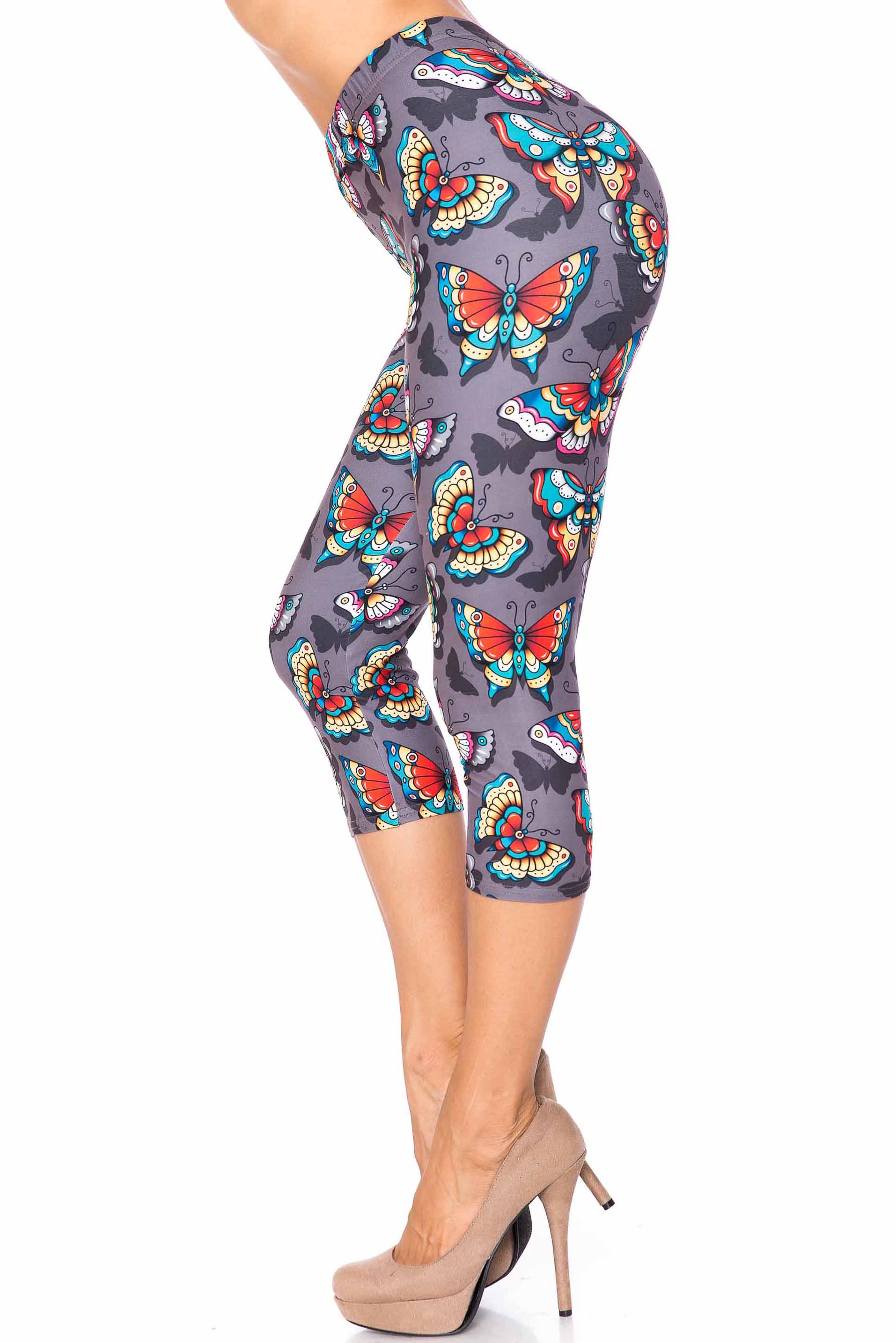 Creamy Soft Jewel Tone Butterfly Plus Size Capris - USA Fashion (One Size Plus,Charcoal)