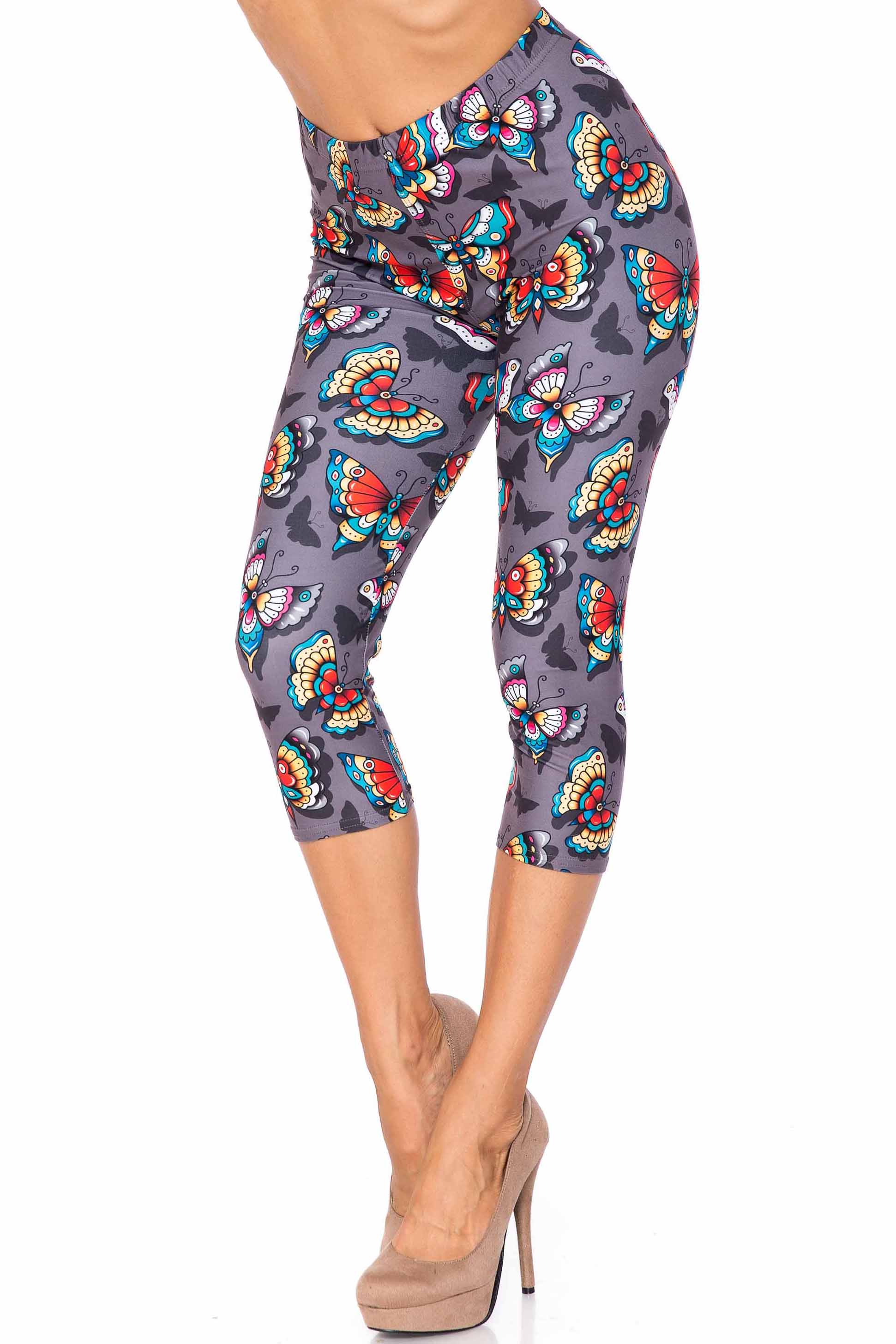 Creamy Soft Jewel Tone Butterfly Plus Size Capris - USA Fashion (One Size Plus,Charcoal)