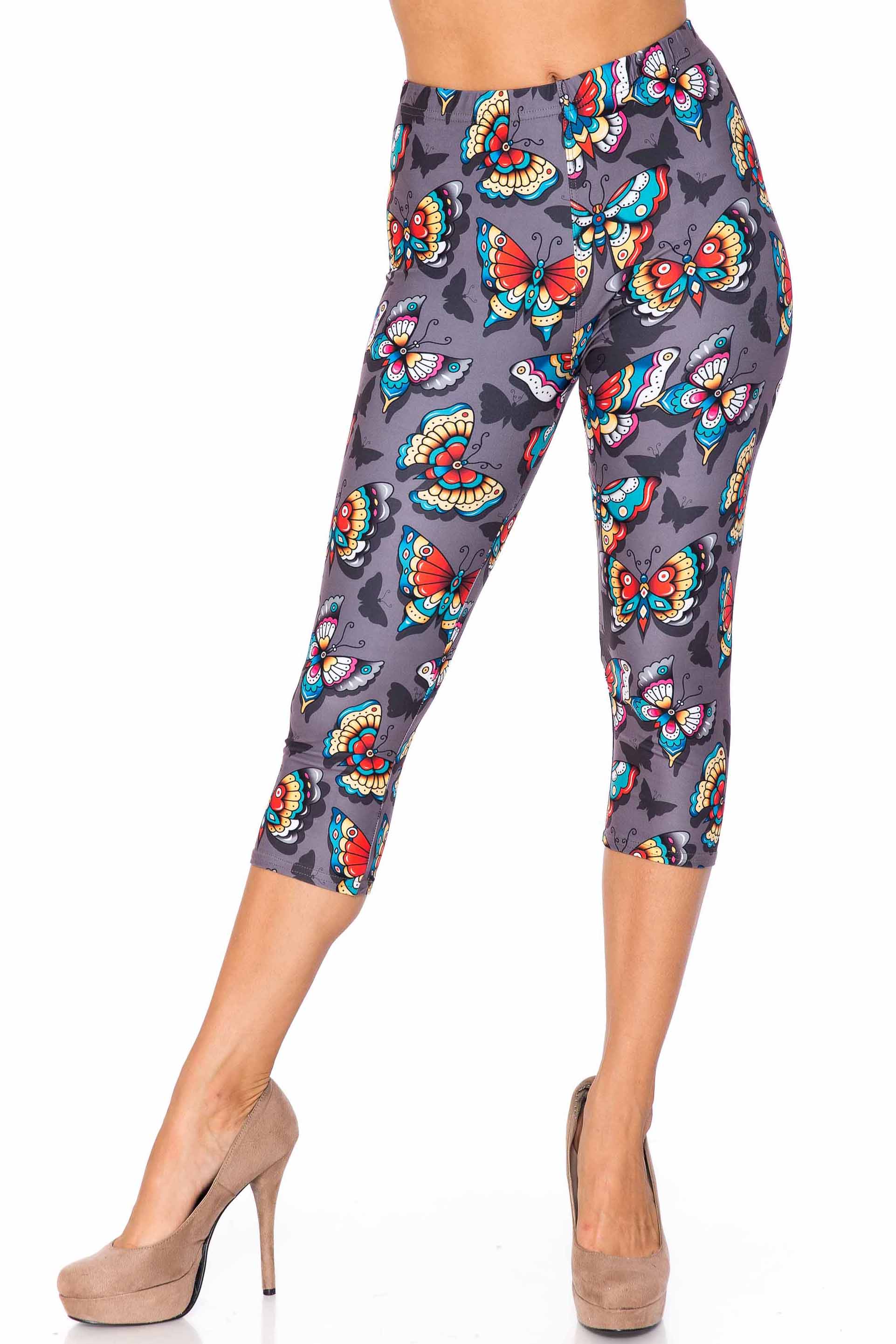 Creamy Soft Jewel Tone Butterfly Plus Size Capris - USA Fashion (One Size Plus,Charcoal)