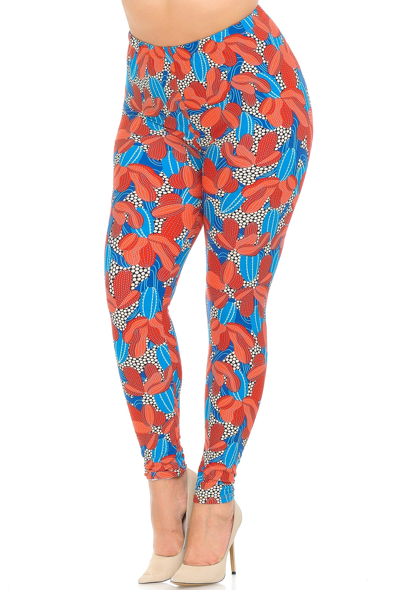 Buttery Soft Red and Blue Cactus Plus Size Leggings (One Size Plus,Red)