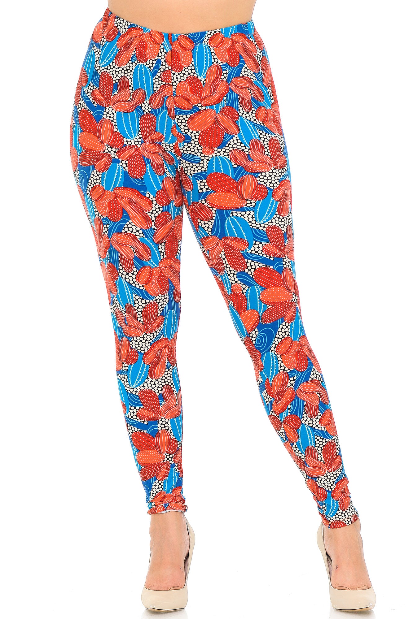 Buttery Soft Red and Blue Cactus Plus Size Leggings (One Size Plus,Red)