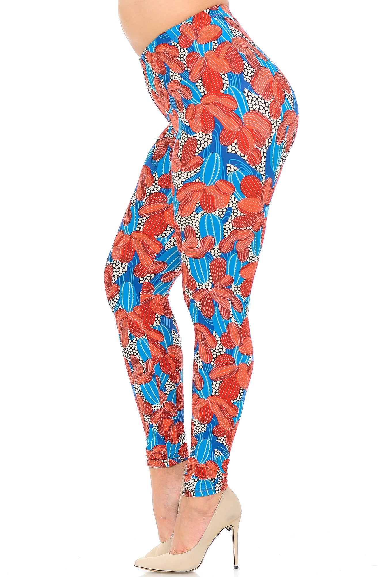 Buttery Soft Red and Blue Cactus Plus Size Leggings (One Size Plus,Red)