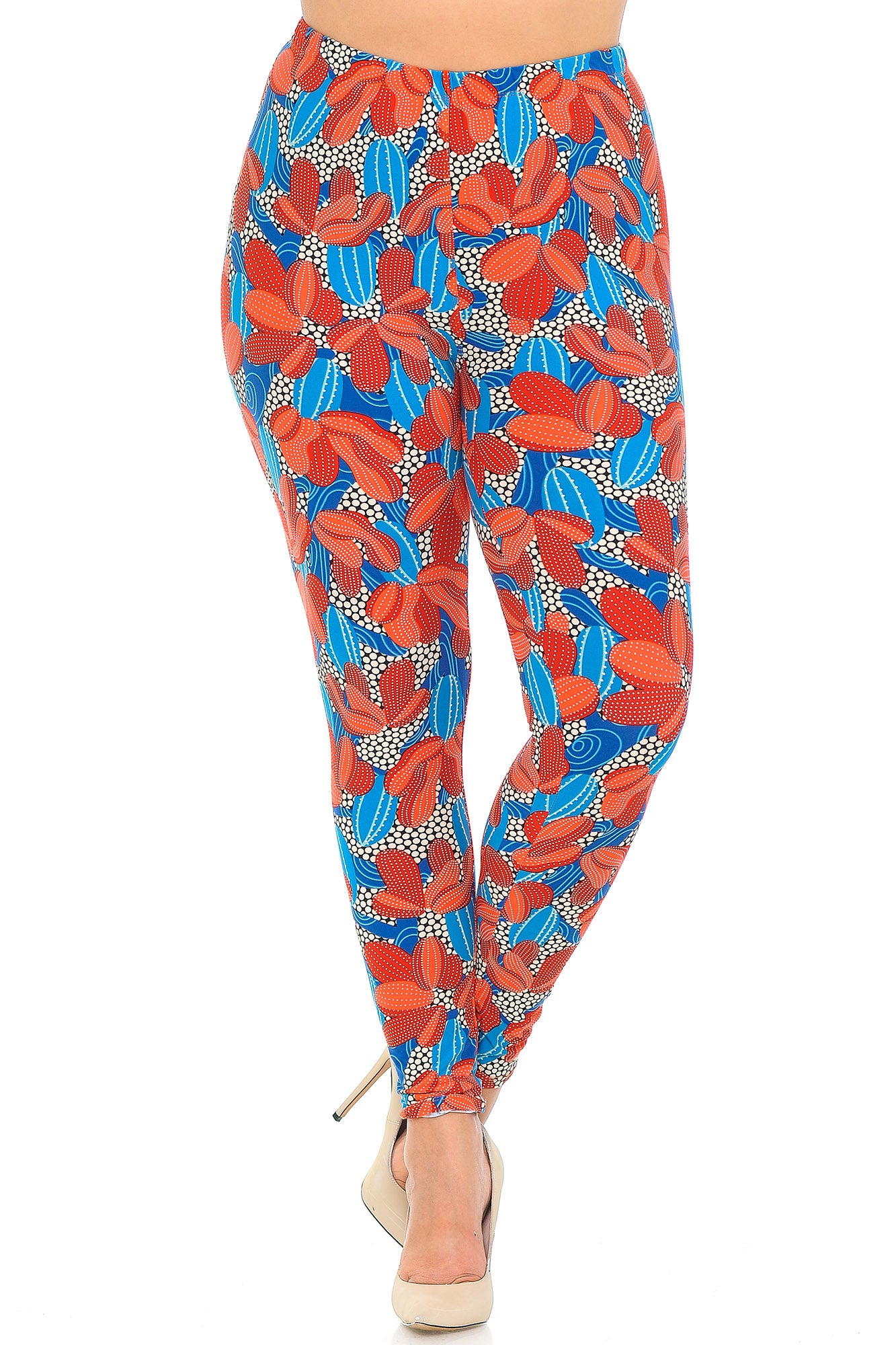 Buttery Soft Red and Blue Cactus Plus Size Leggings (One Size Plus,Red)