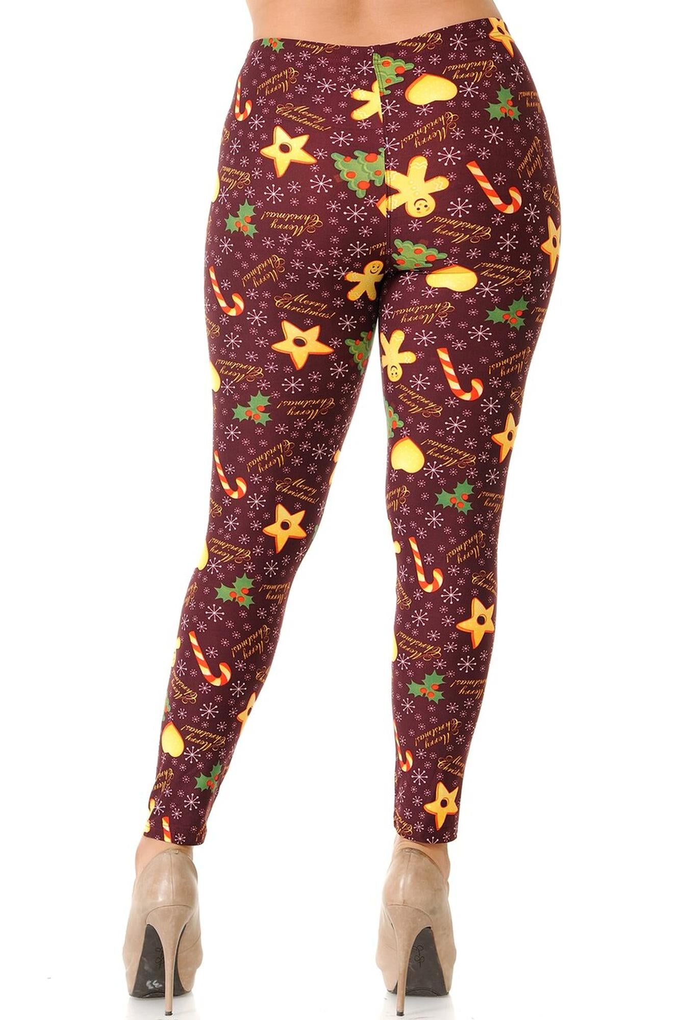Buttery Soft Merry Christmas Treats and Cookies Plus Size Leggings (One Size Plus,Burgundy)