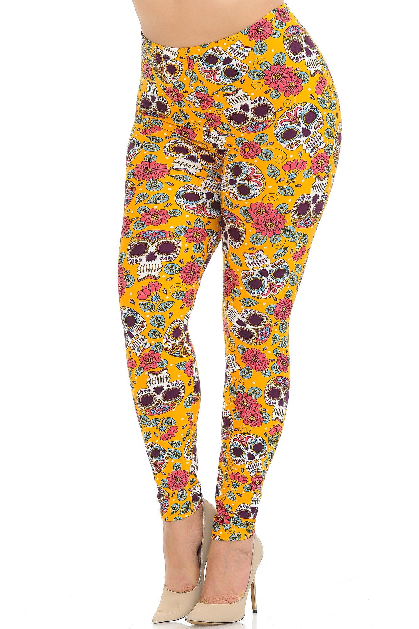 Buttery Soft Mustard Summer Sugar Skull Plus Size Leggings (One Size Plus,Yellow)