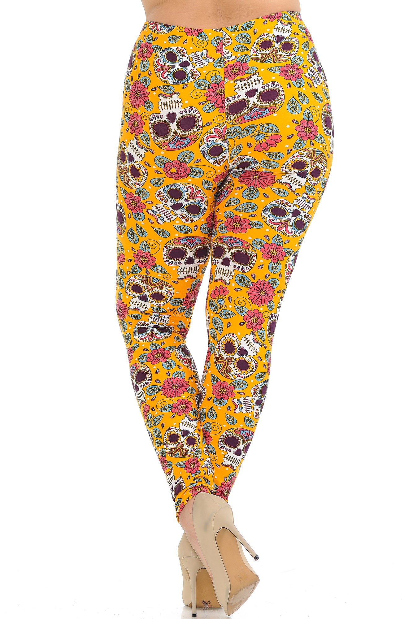 Buttery Soft Mustard Summer Sugar Skull Plus Size Leggings (One Size Plus,Yellow)