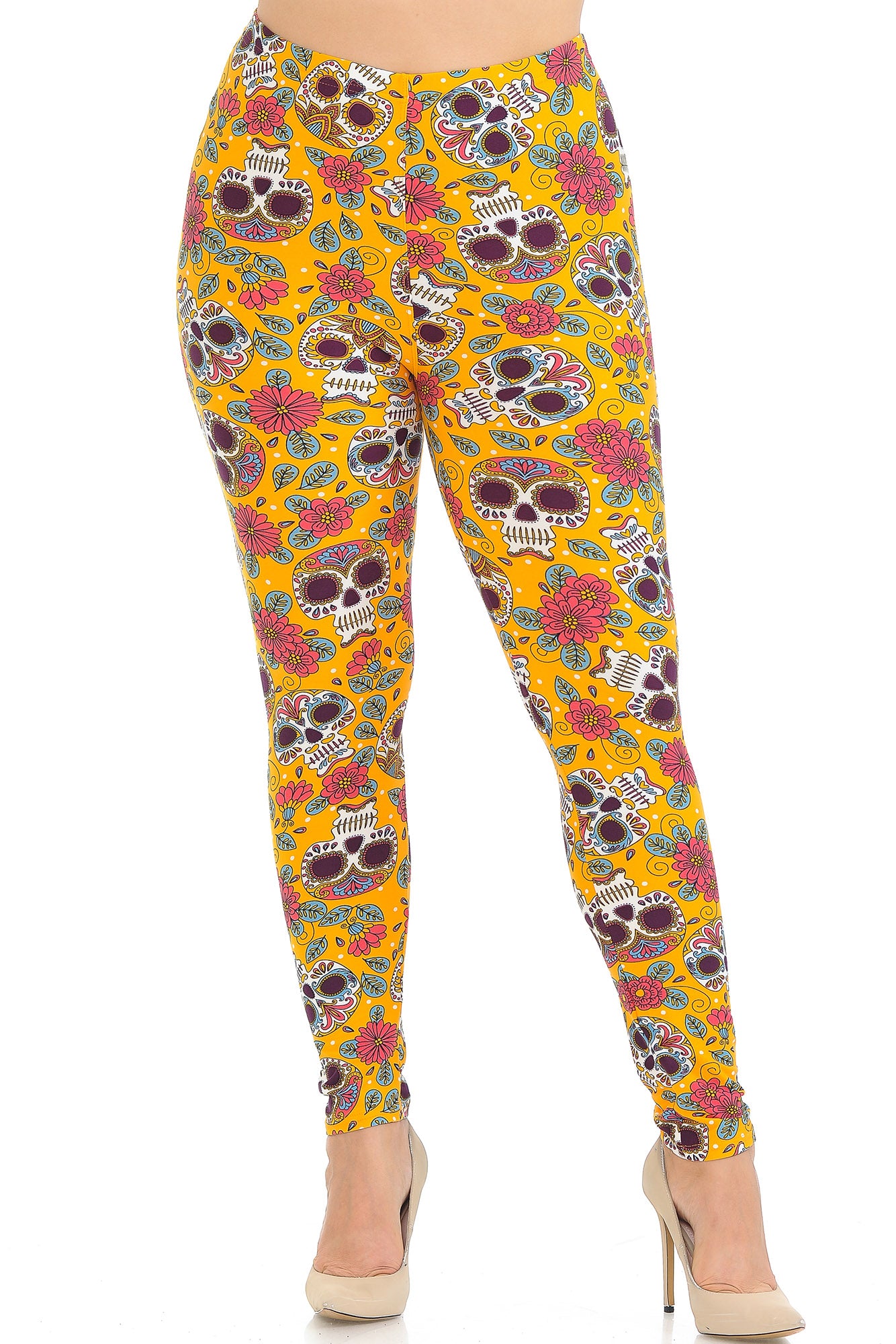 Buttery Soft Mustard Summer Sugar Skull Plus Size Leggings (One Size Plus,Yellow)