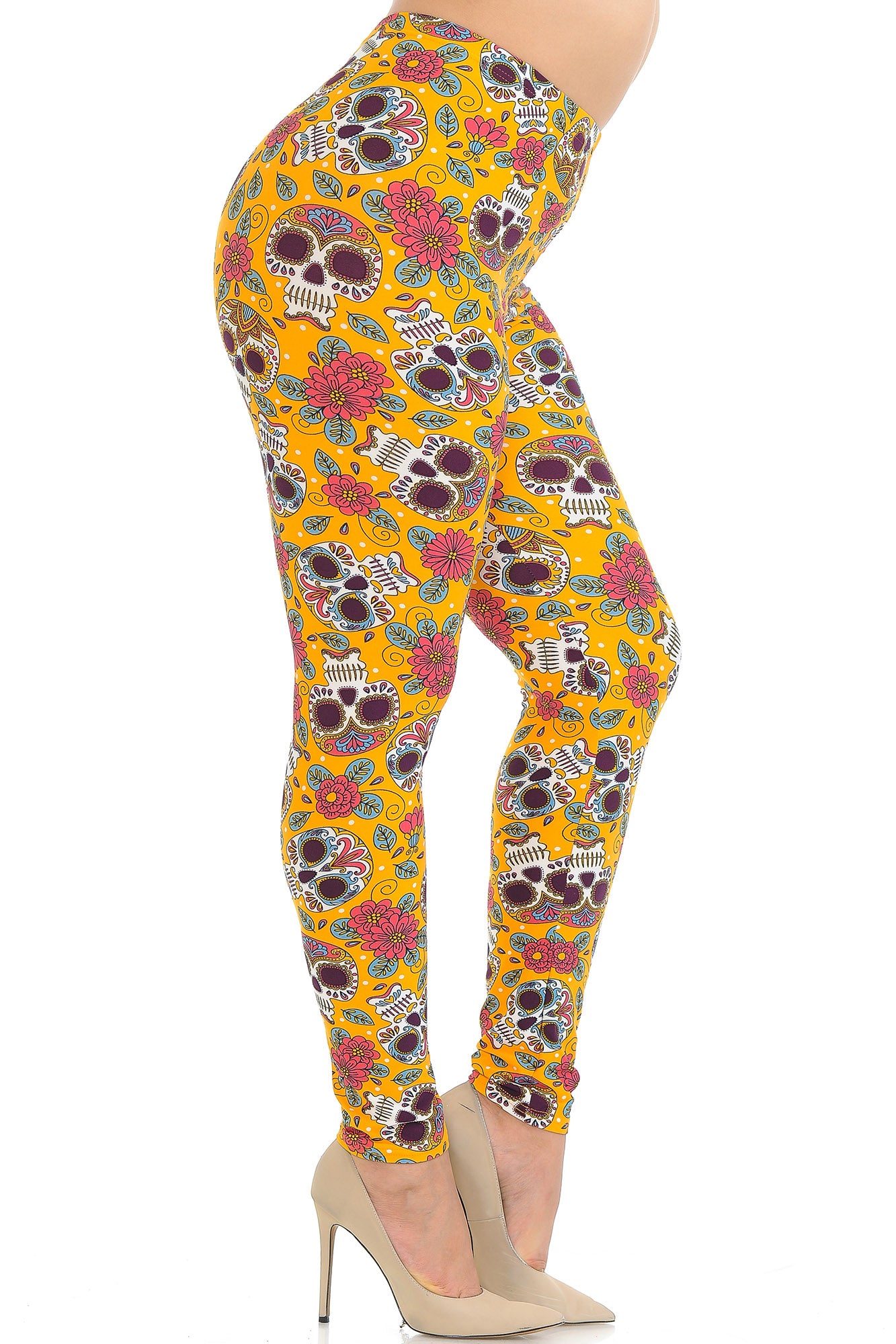 Buttery Soft Mustard Summer Sugar Skull Plus Size Leggings (One Size Plus,Yellow)