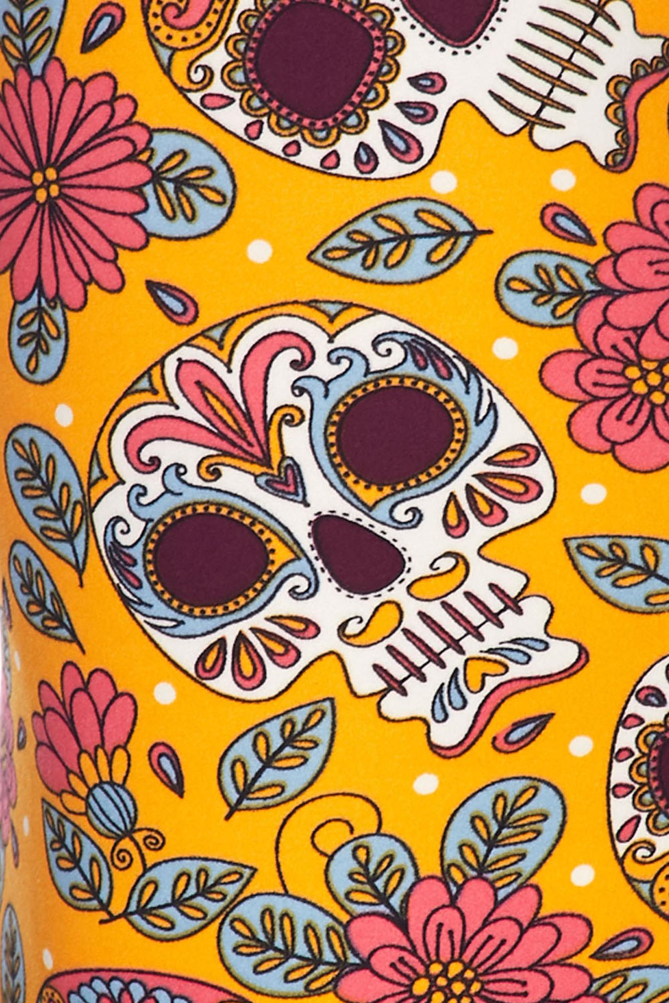Buttery Soft Mustard Summer Sugar Skull Plus Size Leggings (One Size Plus,Yellow)