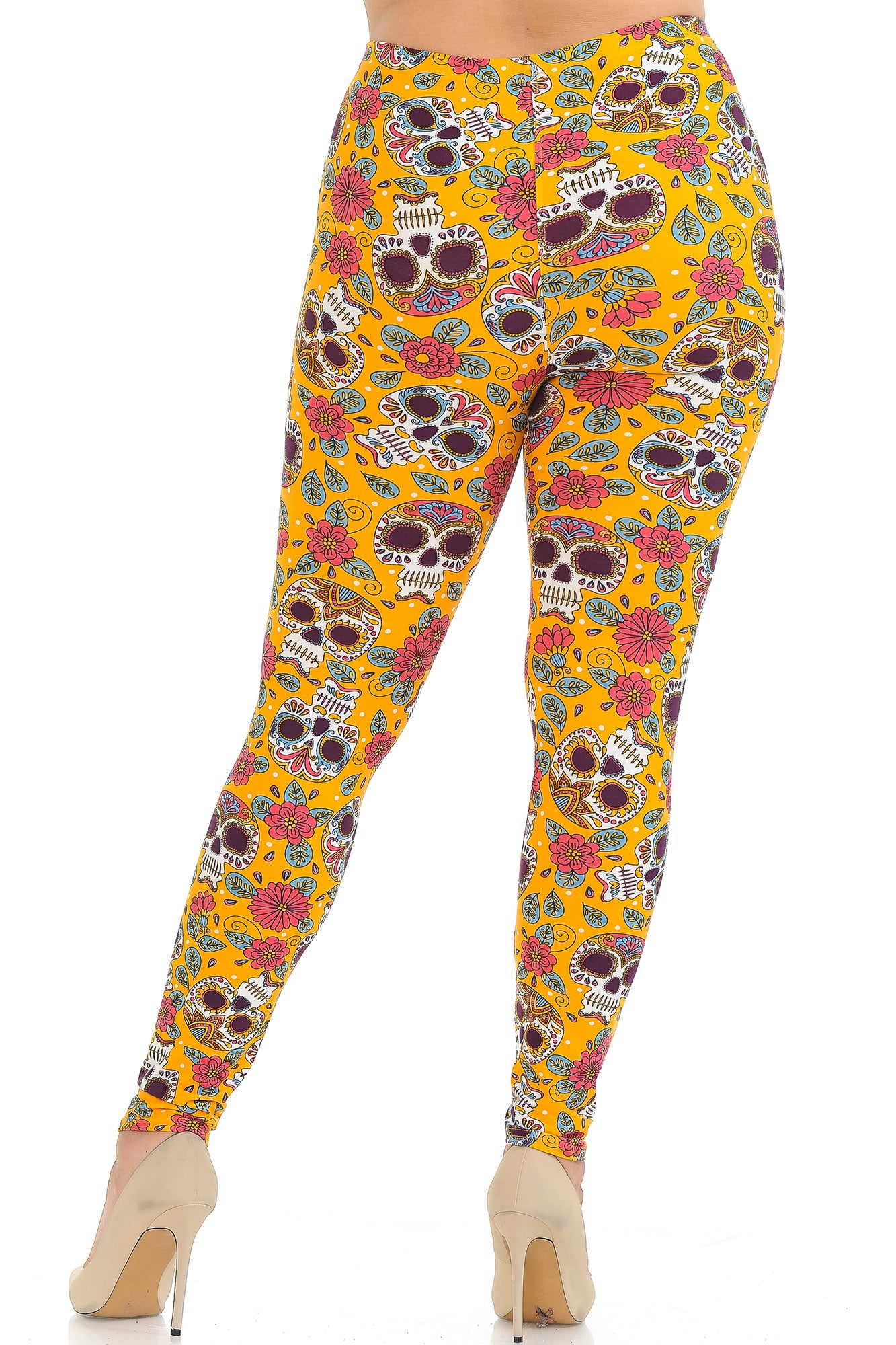Buttery Soft Mustard Summer Sugar Skull Plus Size Leggings (One Size Plus,Yellow)