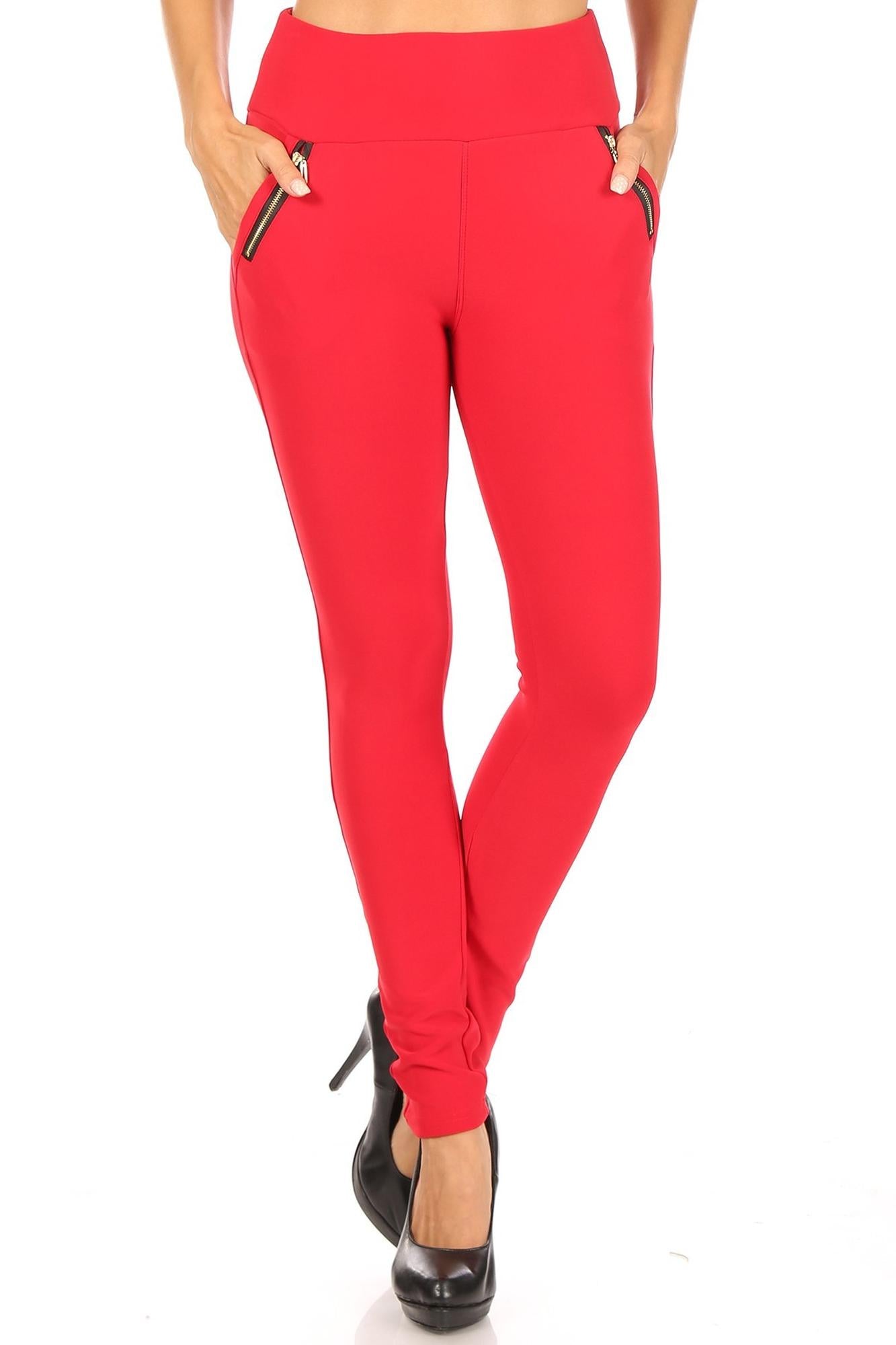 Red High Waisted Treggings with Zipper Accent Pockets