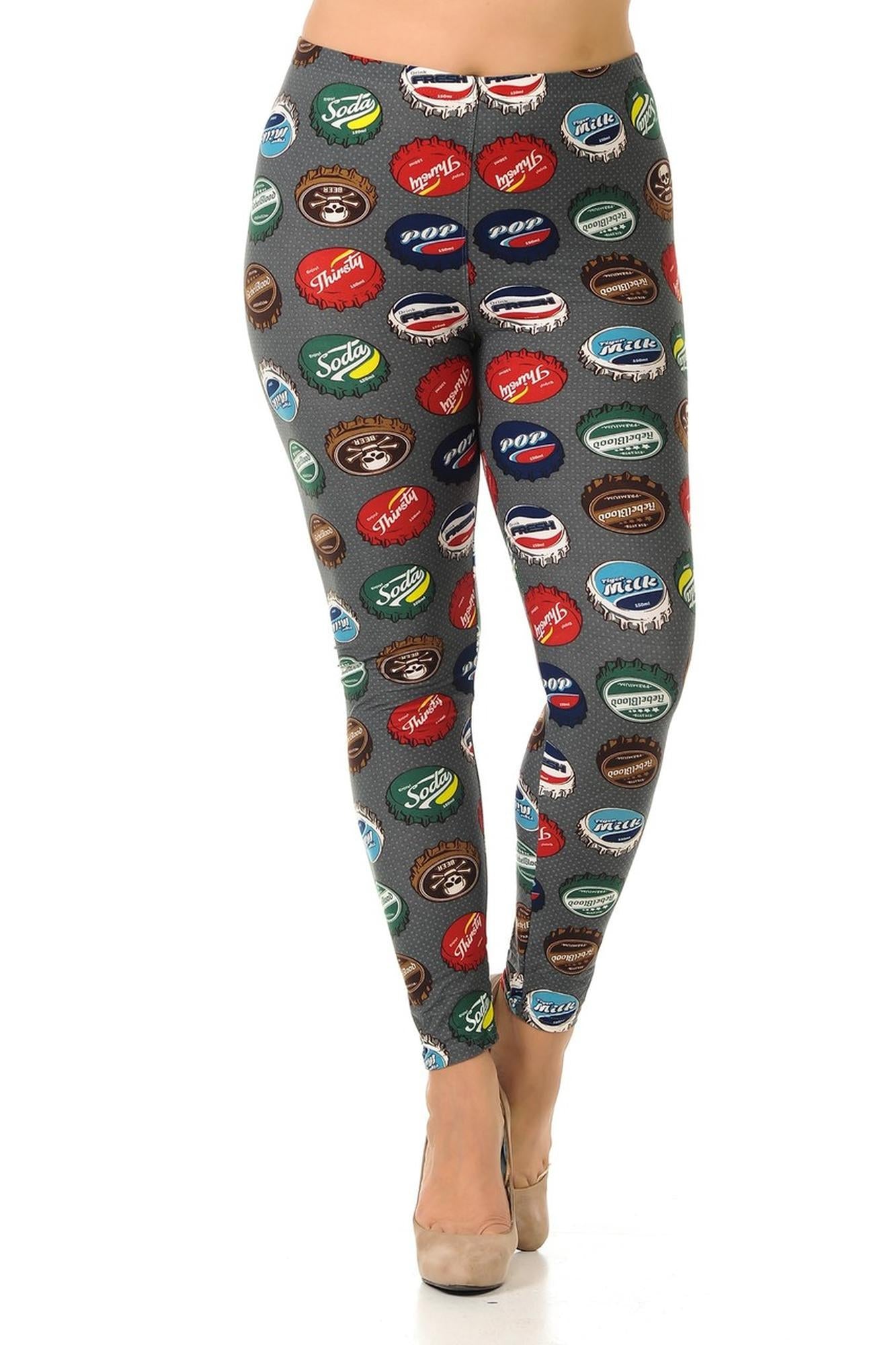 Buttery Soft Groovy Bottle Cap Plus Size Leggings (One Size Plus,Charcoal)