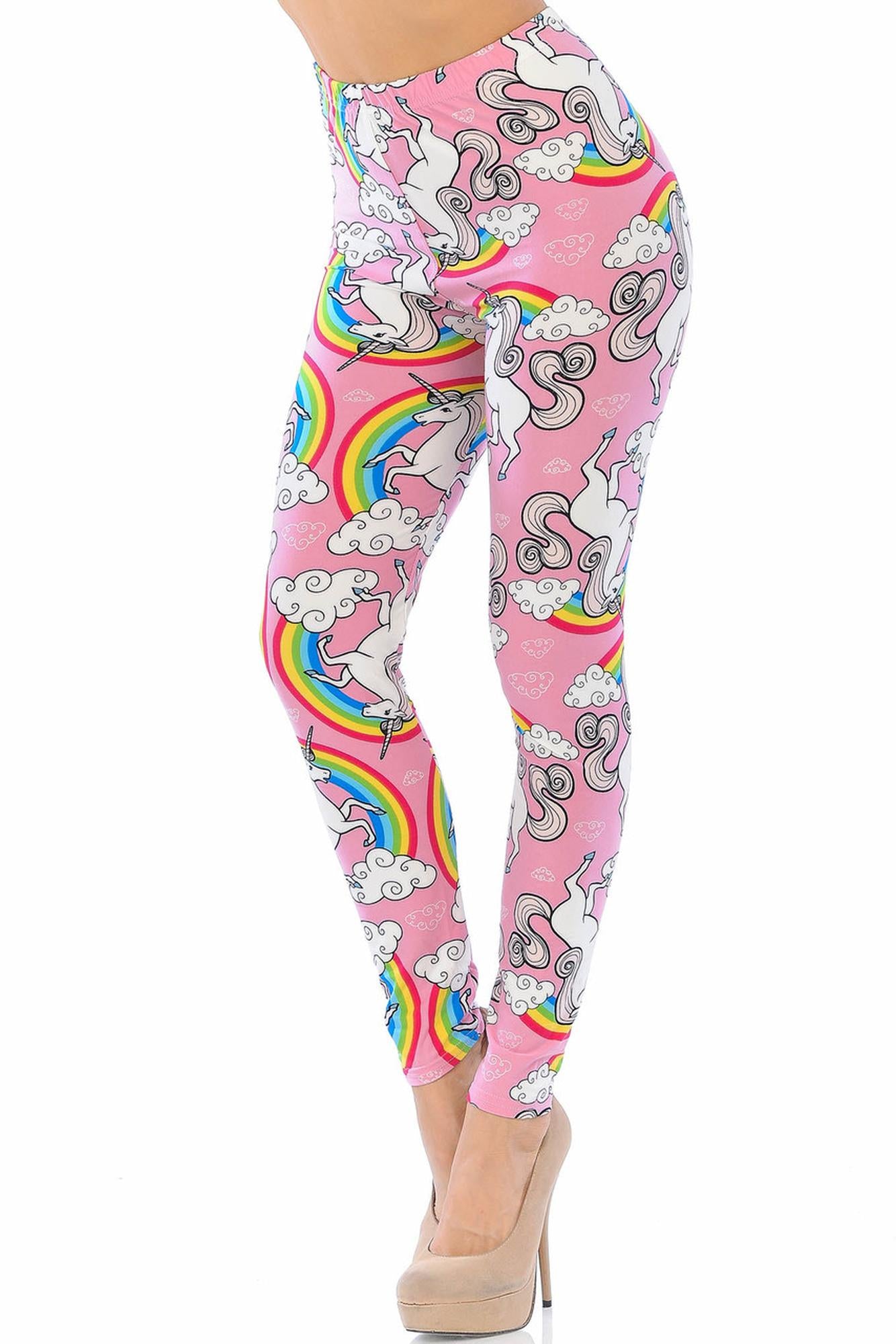 Buttery Soft Pink Rainbow Unicorn Plus Size Leggings (One Size Plus,Pink)
