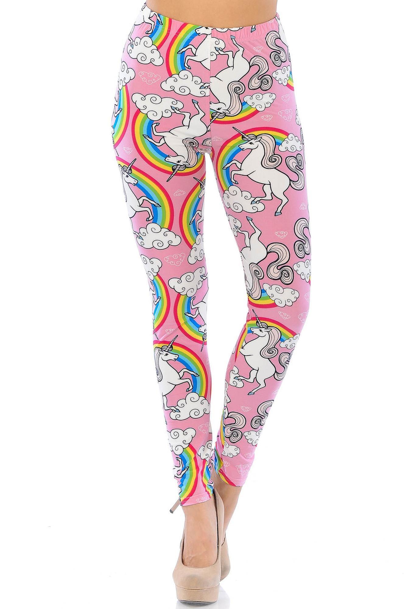 Buttery Soft Pink Rainbow Unicorn Plus Size Leggings (One Size Plus,Pink)