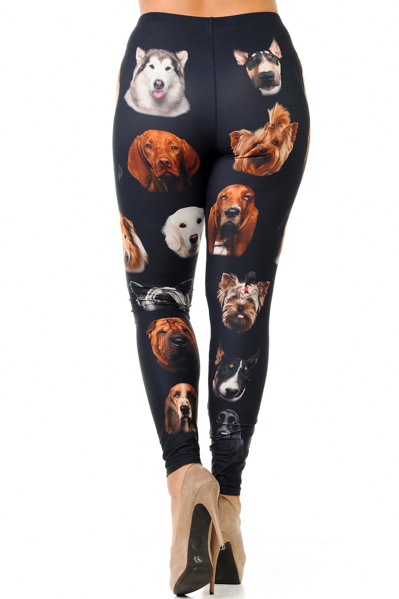 Creamy Soft Cute Puppy Dog Faces Plus Size Leggings (One Size Plus,Black)