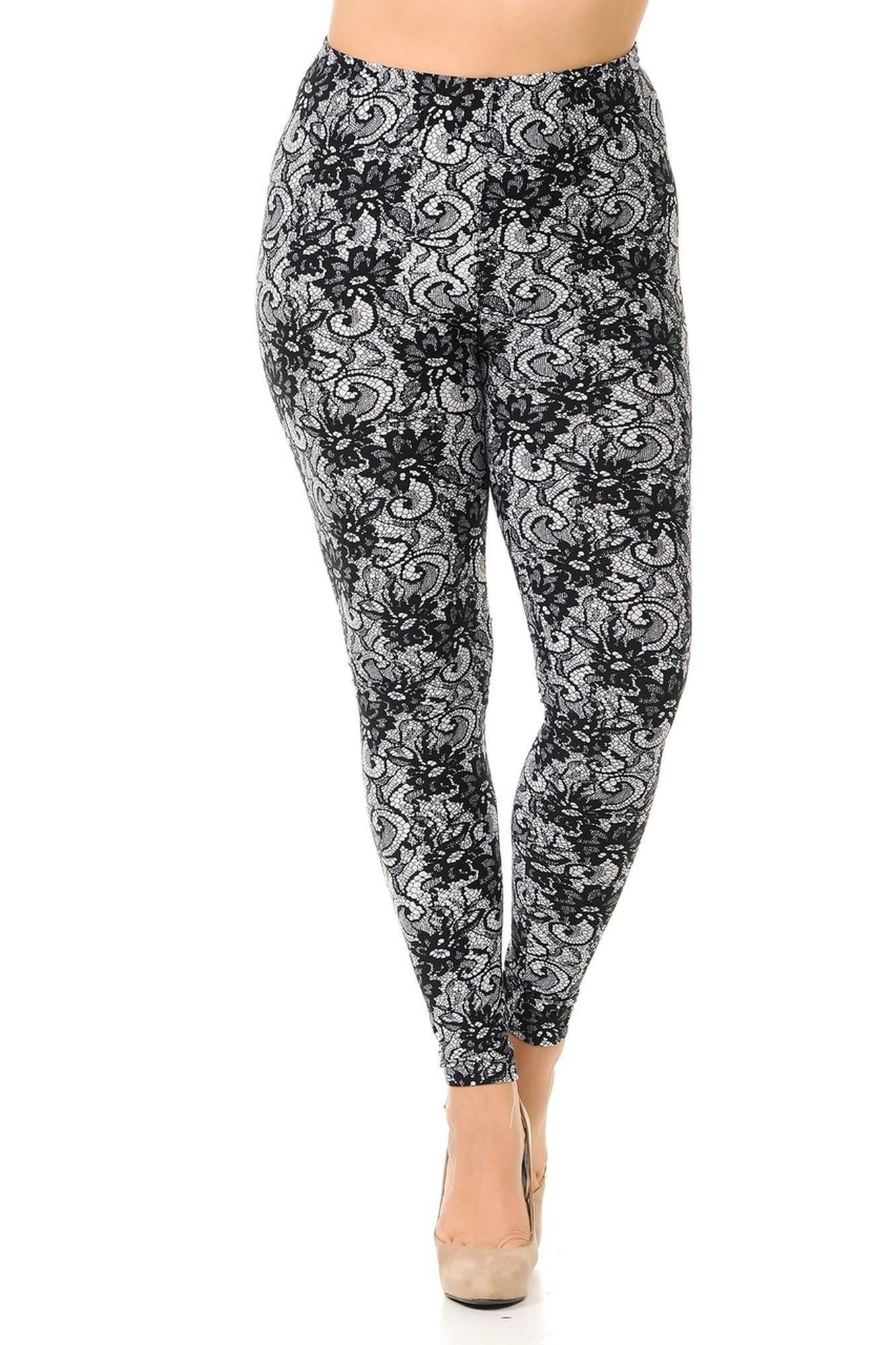 Buttery Soft Sassy Lace Print Plus Size Leggings (One Size Plus,Charcoal)