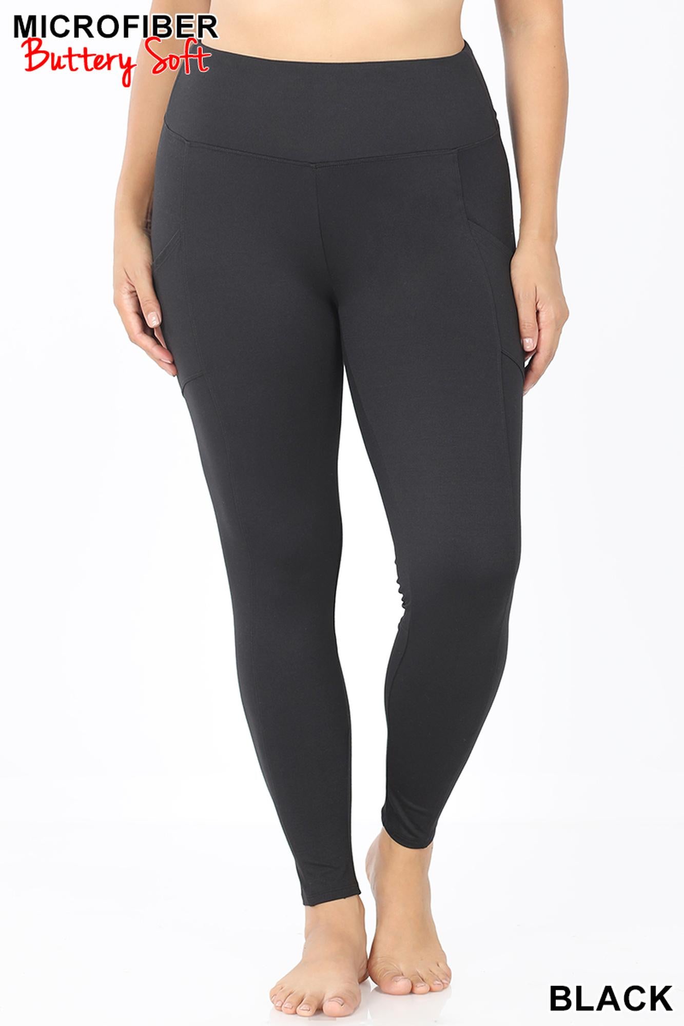 Brushed Microfiber High Waisted Plus Size Sport Leggings with Side Pockets