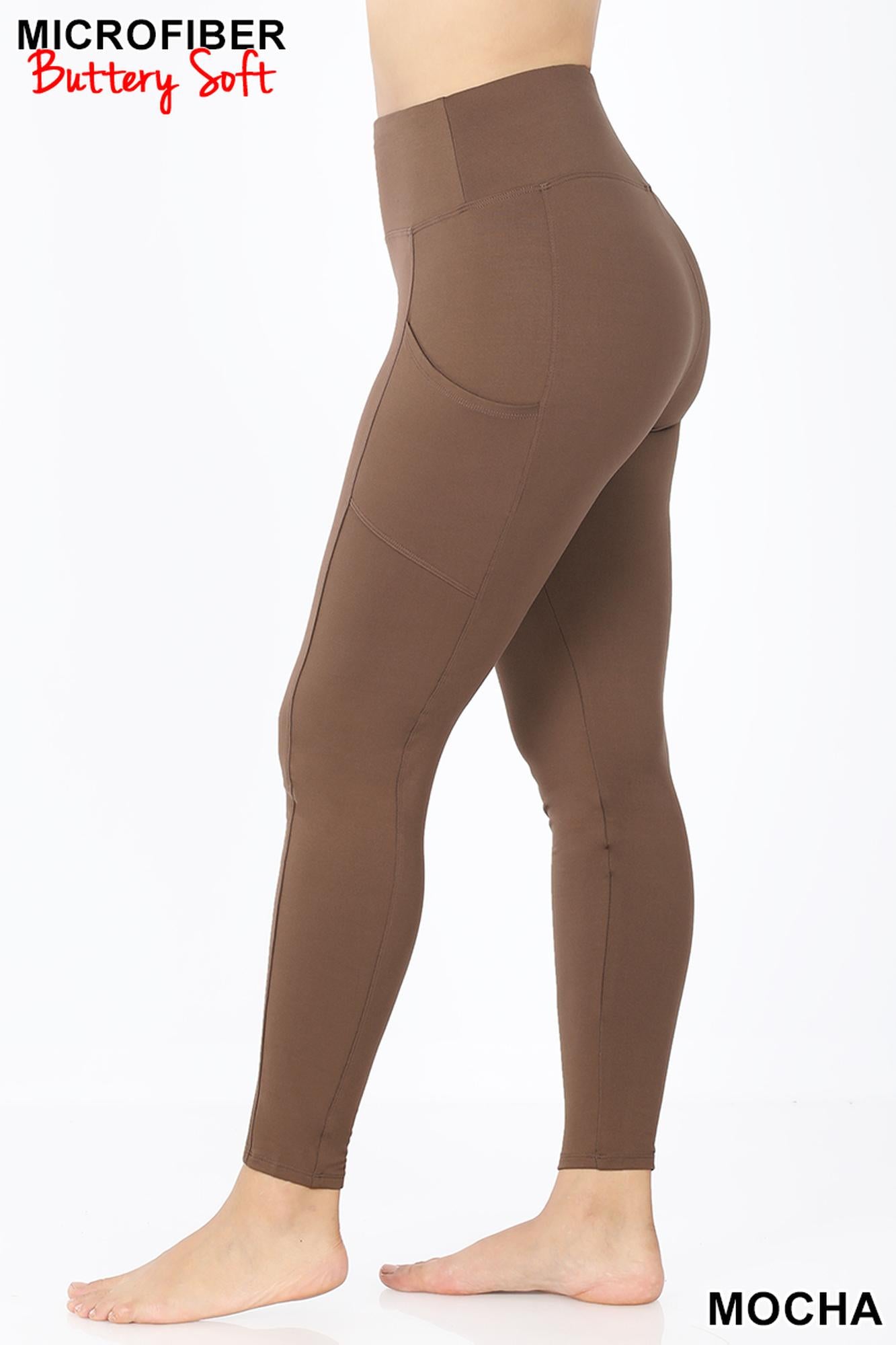 Brushed Microfiber High Waisted Plus Size Sport Leggings with Side Pockets