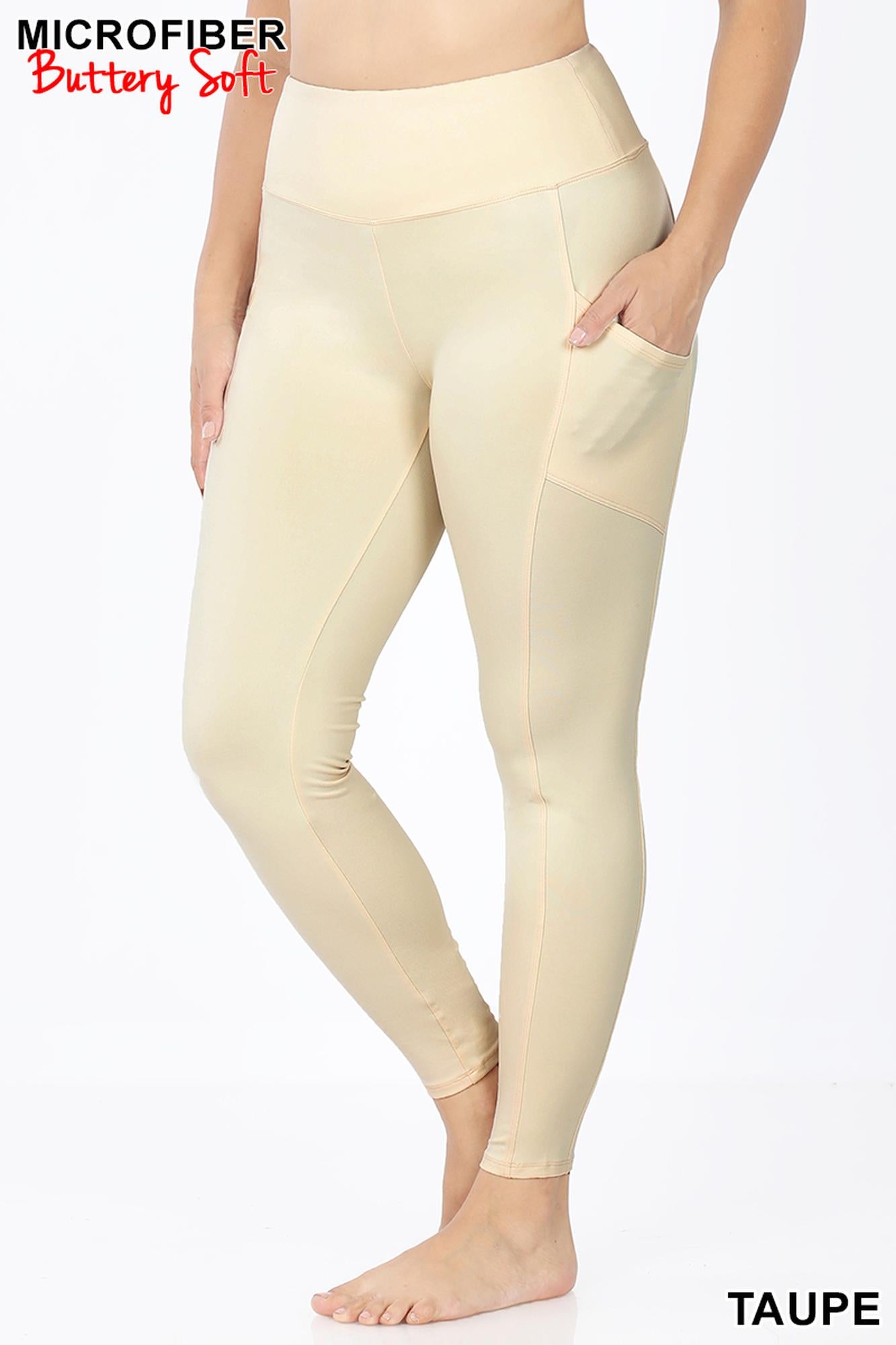 Brushed Microfiber High Waisted Plus Size Sport Leggings with Side Pockets