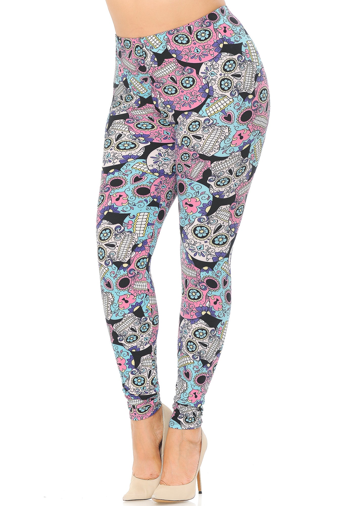 Buttery Soft Pastel Sugar Skull Plus Size Leggings (One Size Plus,Multi Color Bold)