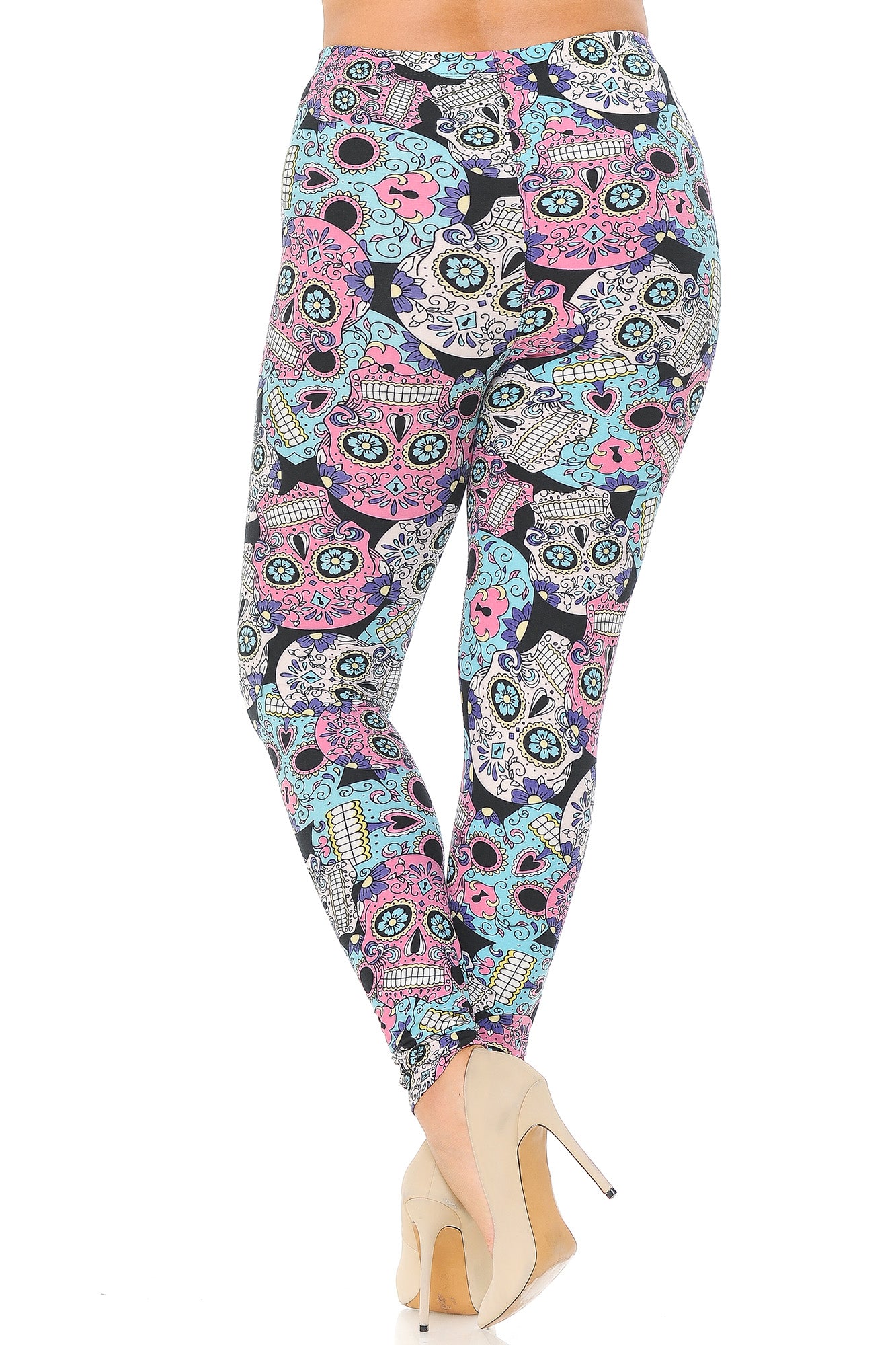 Buttery Soft Pastel Sugar Skull Plus Size Leggings (One Size Plus,Multi Color Bold)
