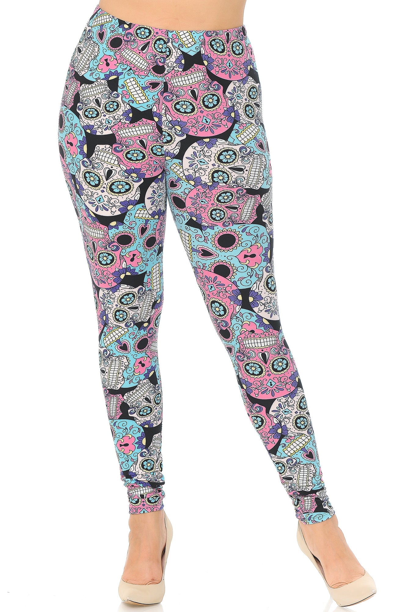 Buttery Soft Pastel Sugar Skull Plus Size Leggings (One Size Plus,Multi Color Bold)