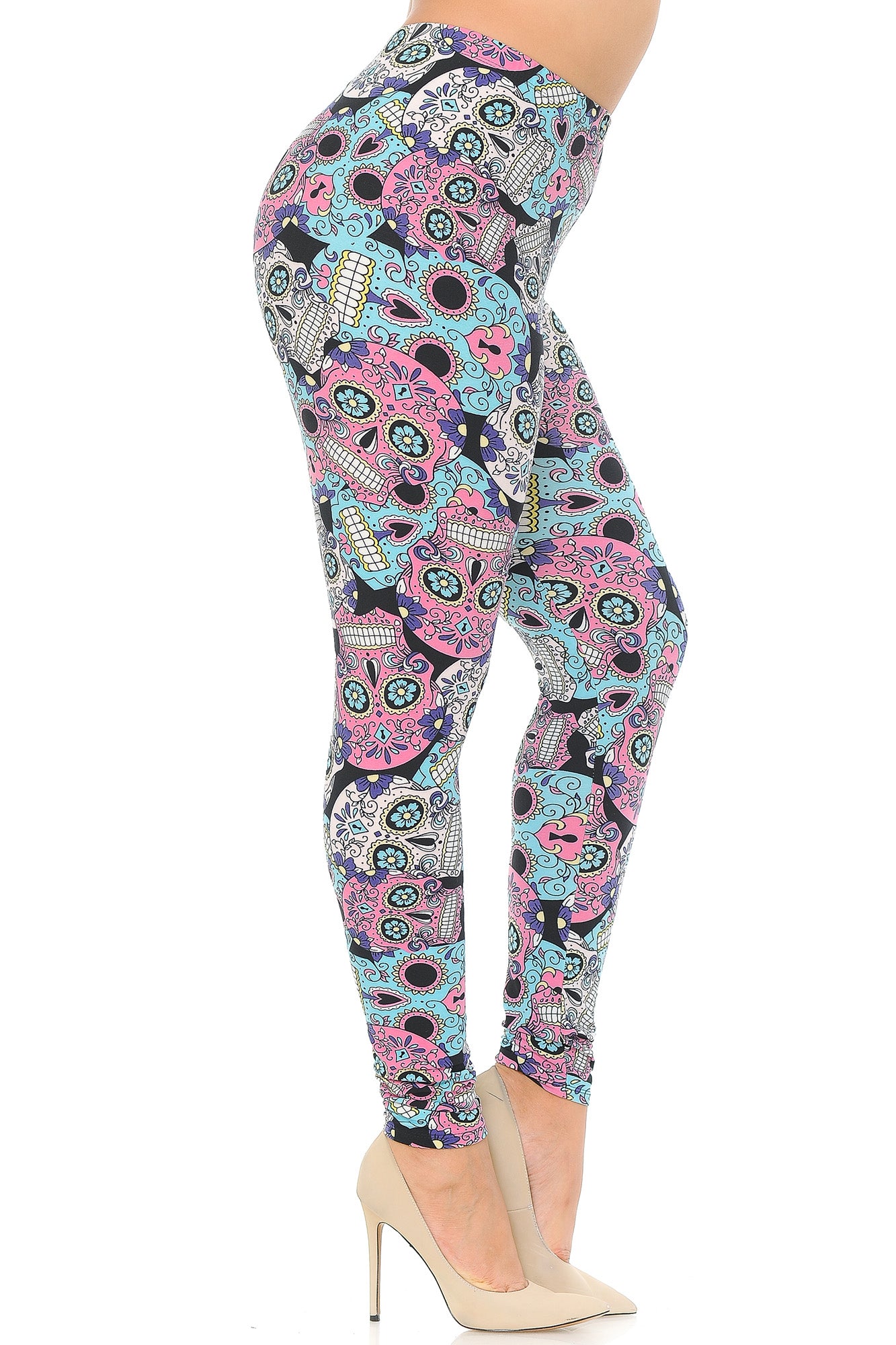 Buttery Soft Pastel Sugar Skull Plus Size Leggings (One Size Plus,Multi Color Bold)