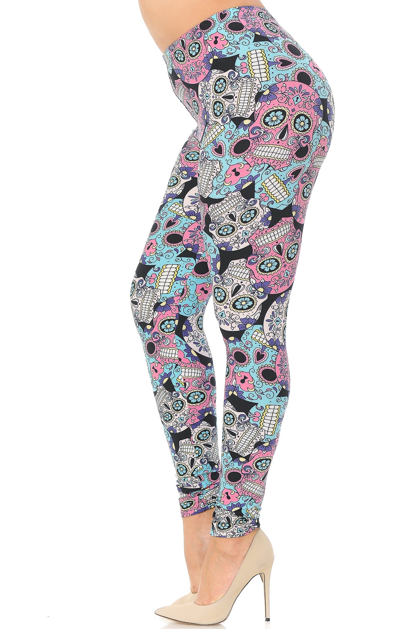 Buttery Soft Pastel Sugar Skull Plus Size Leggings (One Size Plus,Multi Color Bold)