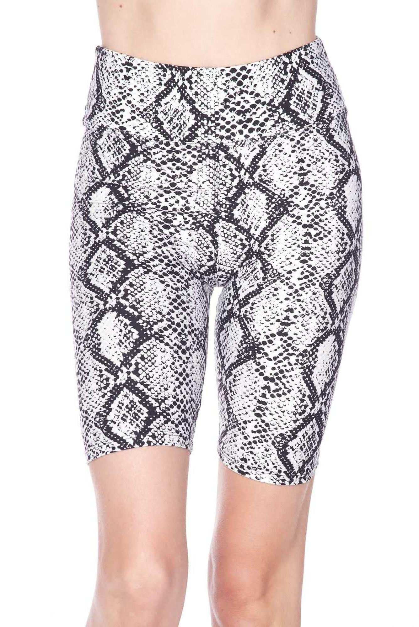 Buttery Soft White Snakeskin High Waist Plus Size Biker Shorts - 3 Inch Waist (One Size Plus,White)