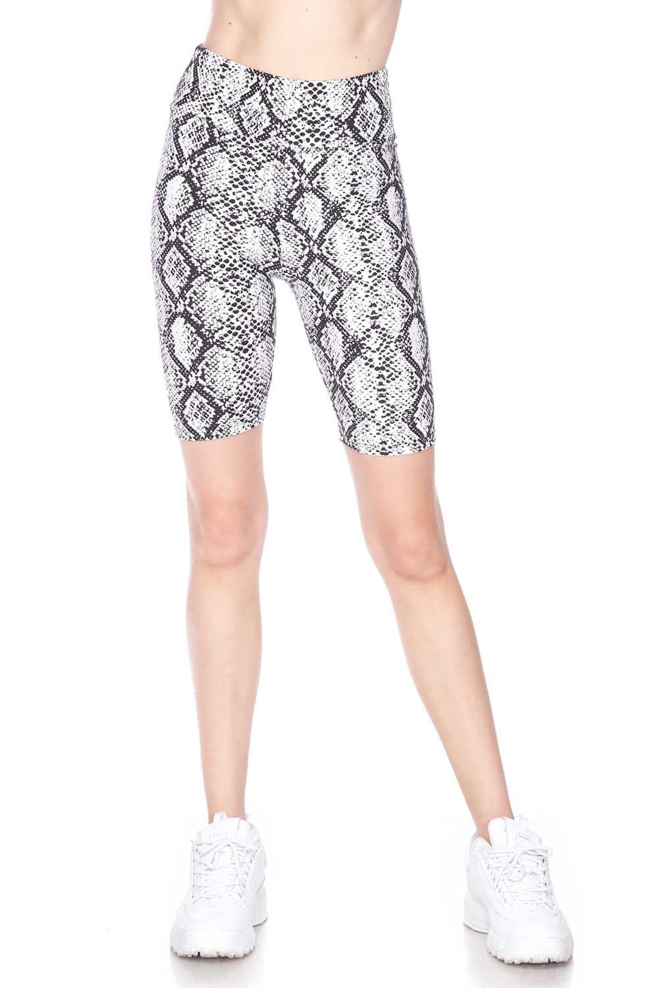 Buttery Soft White Snakeskin High Waist Plus Size Biker Shorts - 3 Inch Waist (One Size Plus,White)