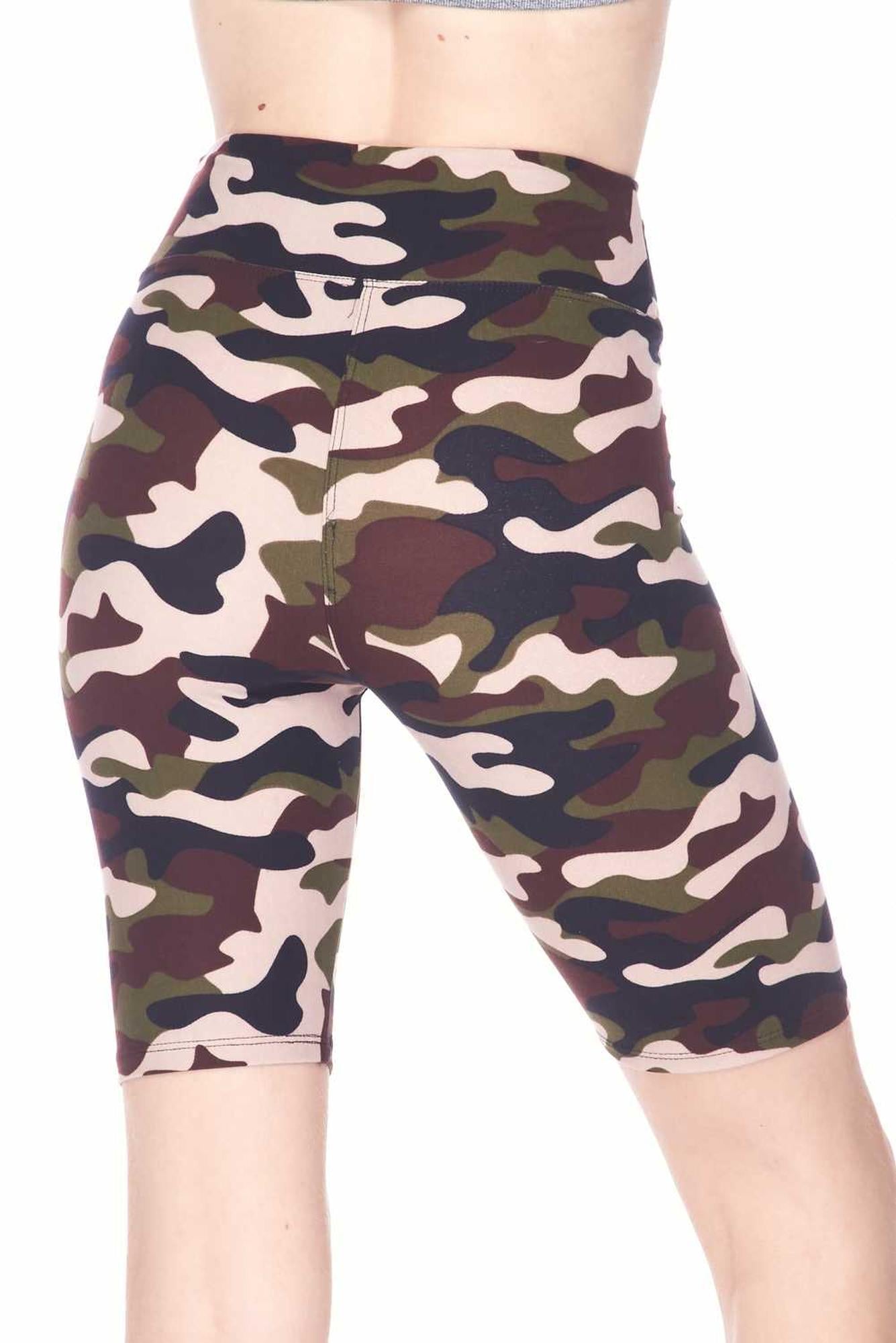 Buttery Soft Flirty Camouflage Biker Plus Size Shorts - 3 Inch Waist Band (One Size Plus,Brown)