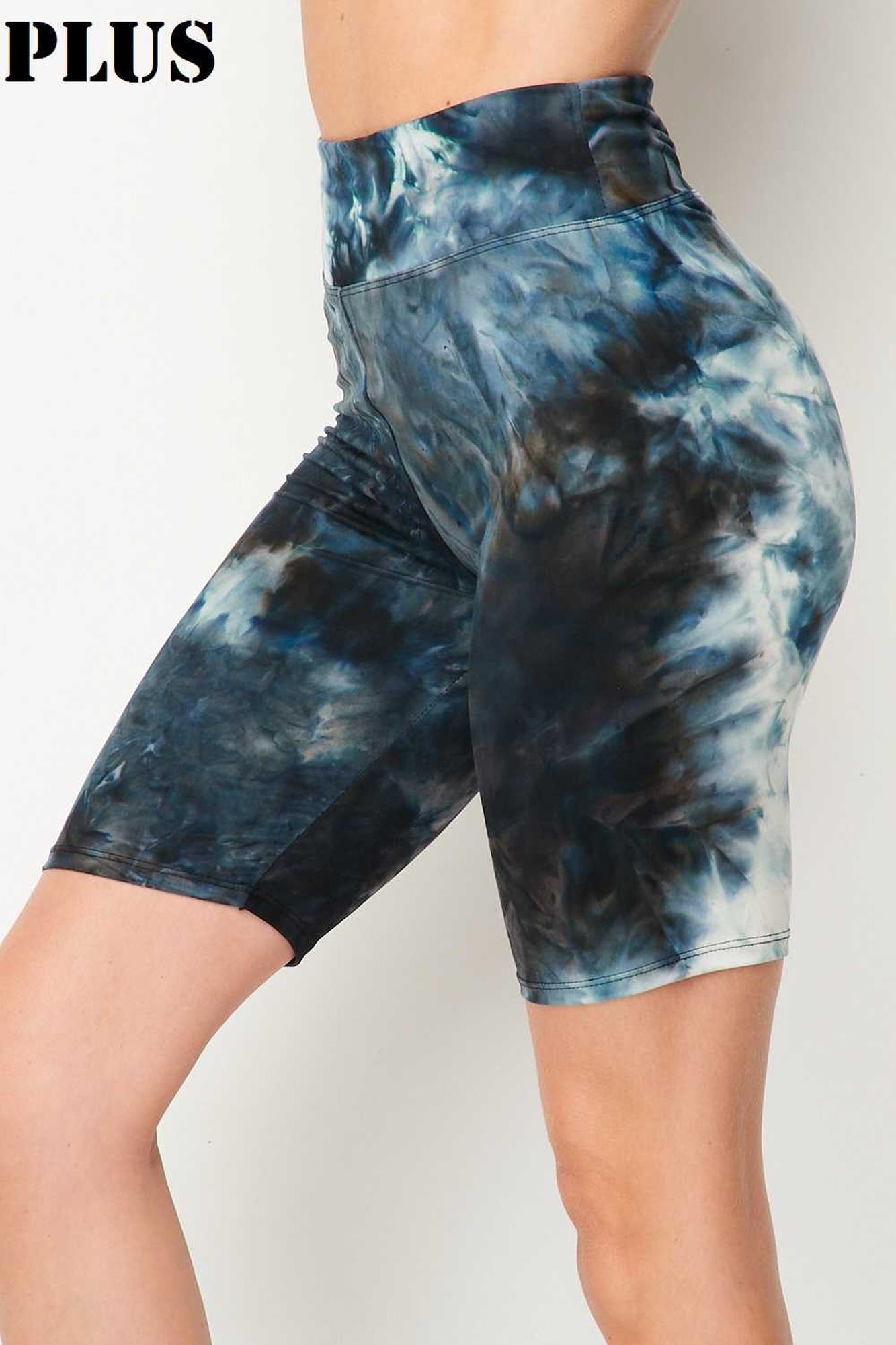 Buttery Smooth Steel Blue Tie Dye High Waisted Plus Size Biker Shorts - 3 Inch Waist