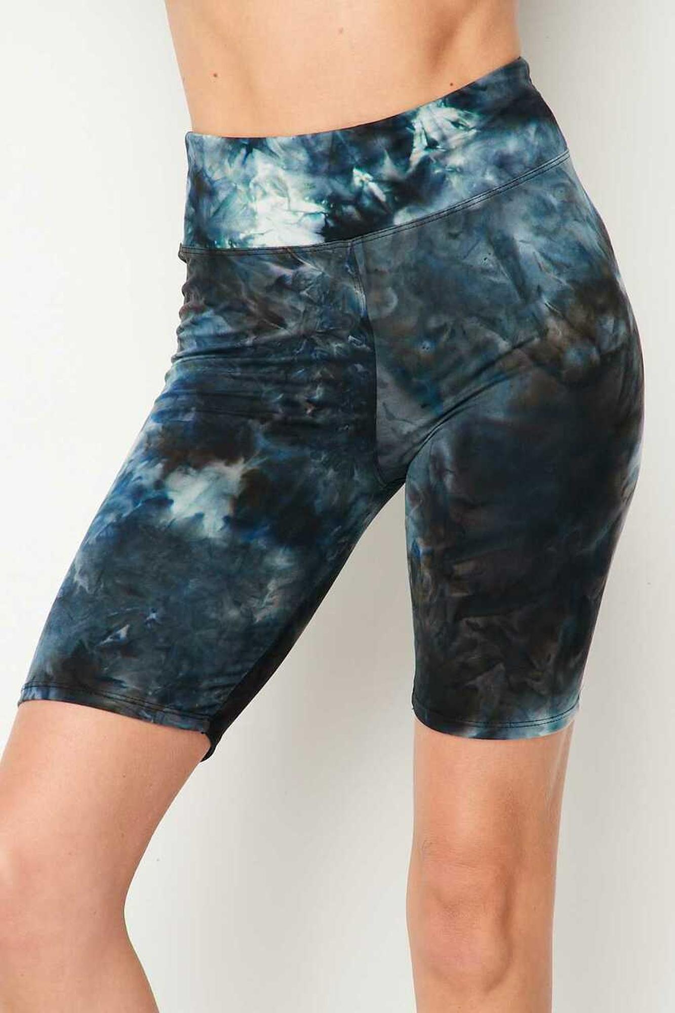 Buttery Smooth Steel Blue Tie Dye High Waisted Plus Size Biker Shorts - 3 Inch Waist