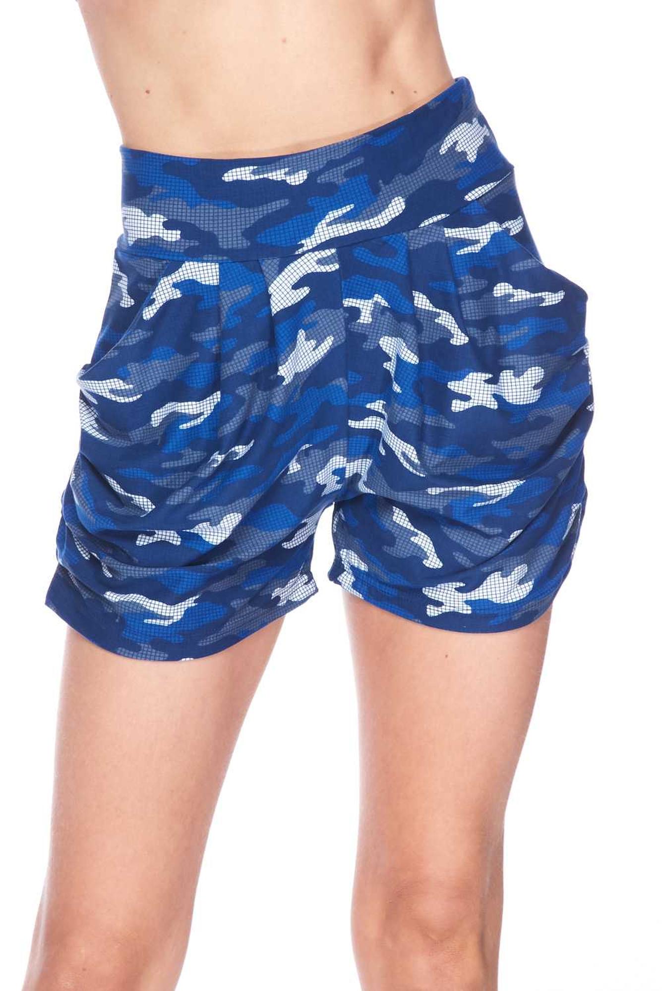 Buttery Smooth Blue Grid Camouflage Harem Plus Size Shorts