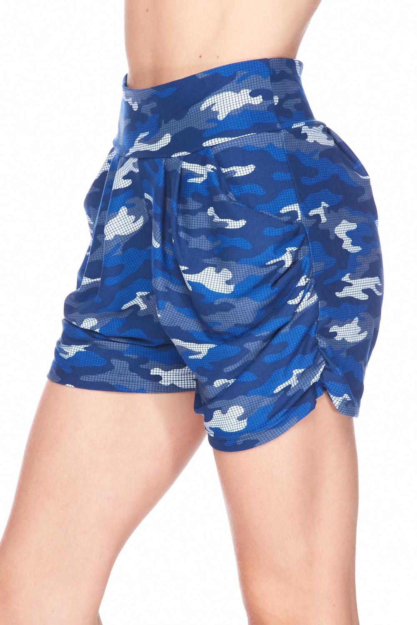 Buttery Smooth Blue Grid Camouflage Harem Plus Size Shorts