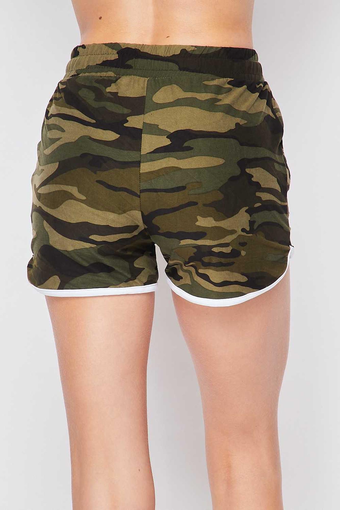 Buttery Smooth Green Camouflage Drawstring Waist Plus Size Dolphin Shorts with Pockets