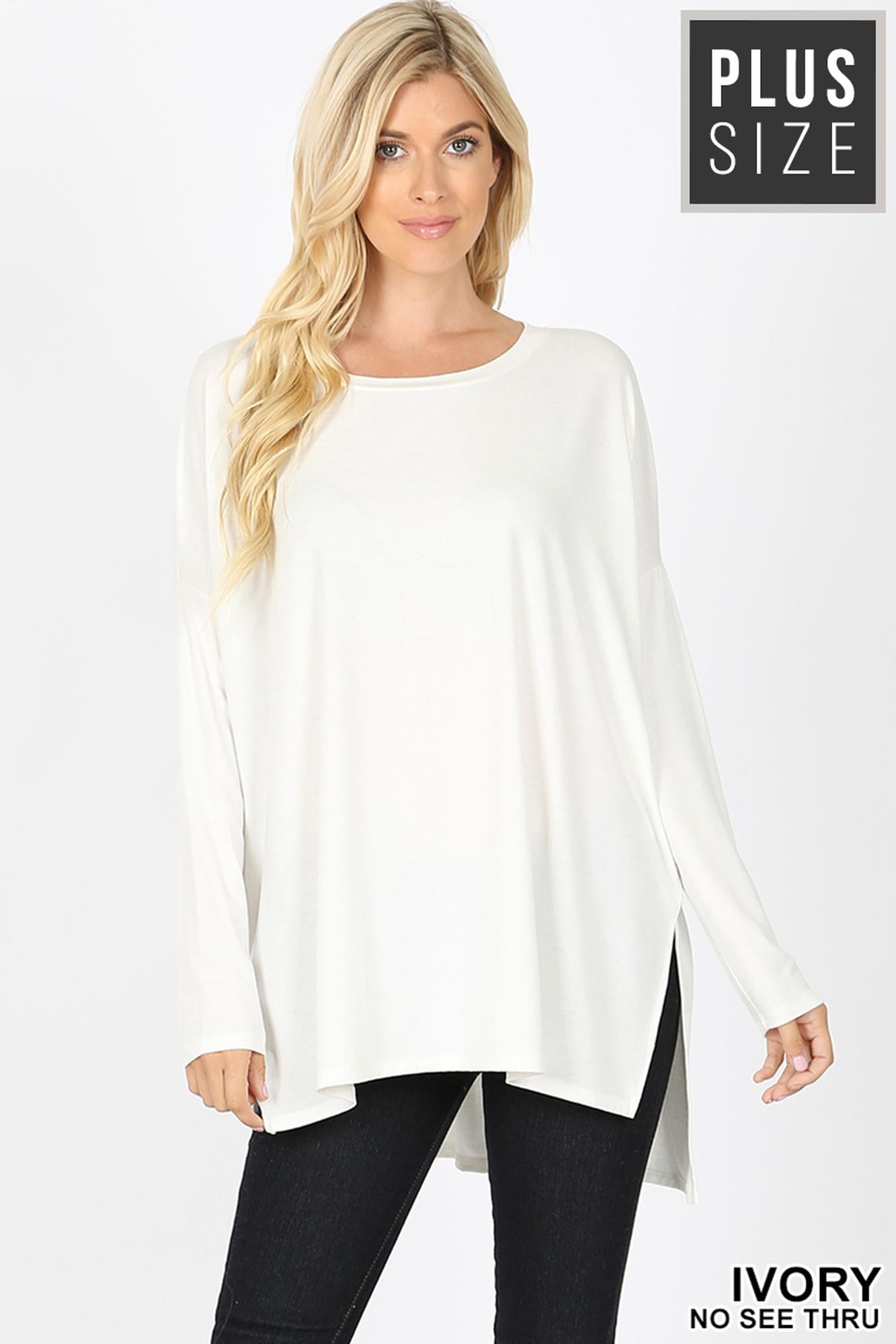 Dolman Sleeve Round Neck Side Cut HI-LOW Hem Plus Size Top