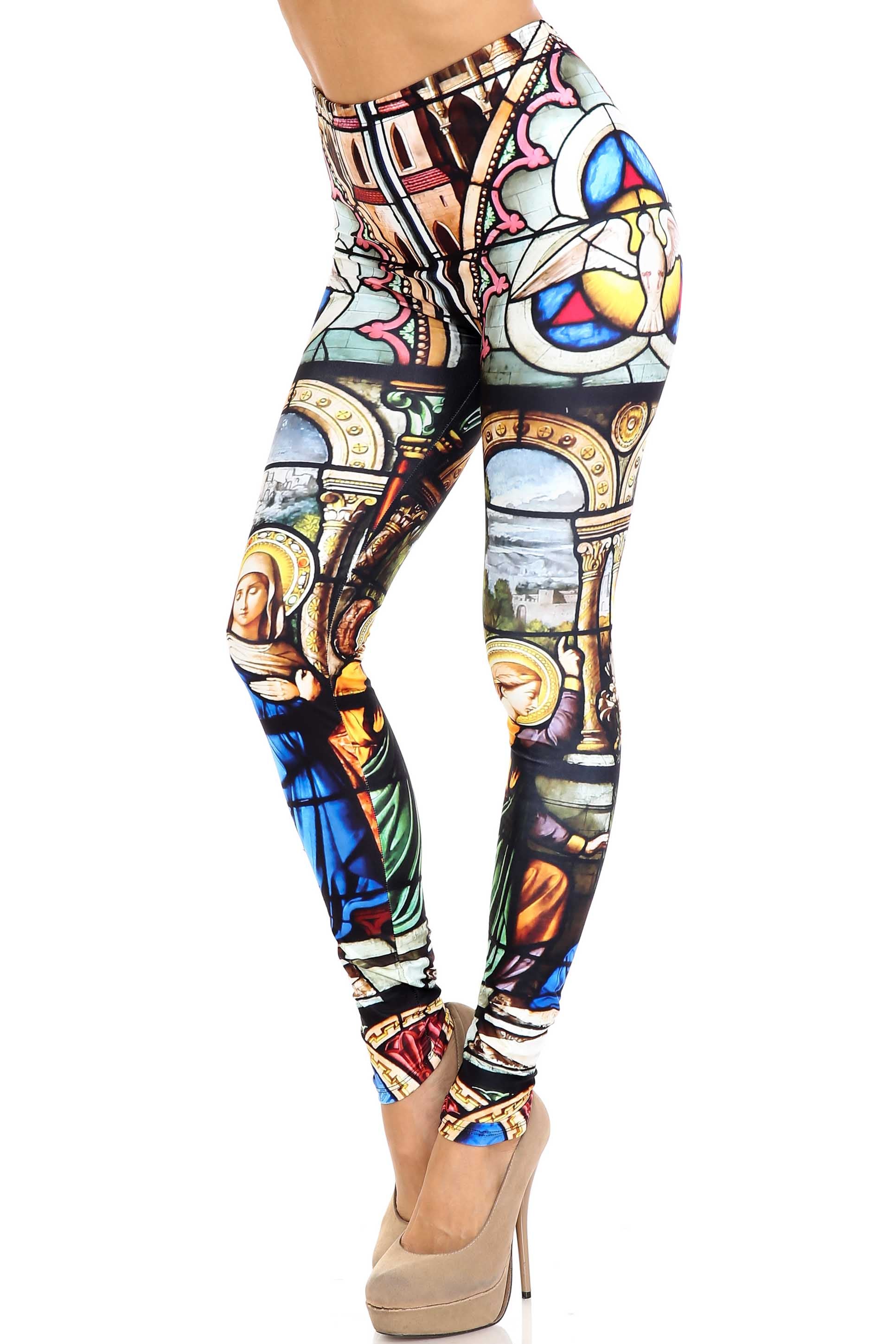 Creamy Soft Stained Glass Cathedral Plus Size Leggings - USA Fashion (One Size Plus,Multi Color Bold)
