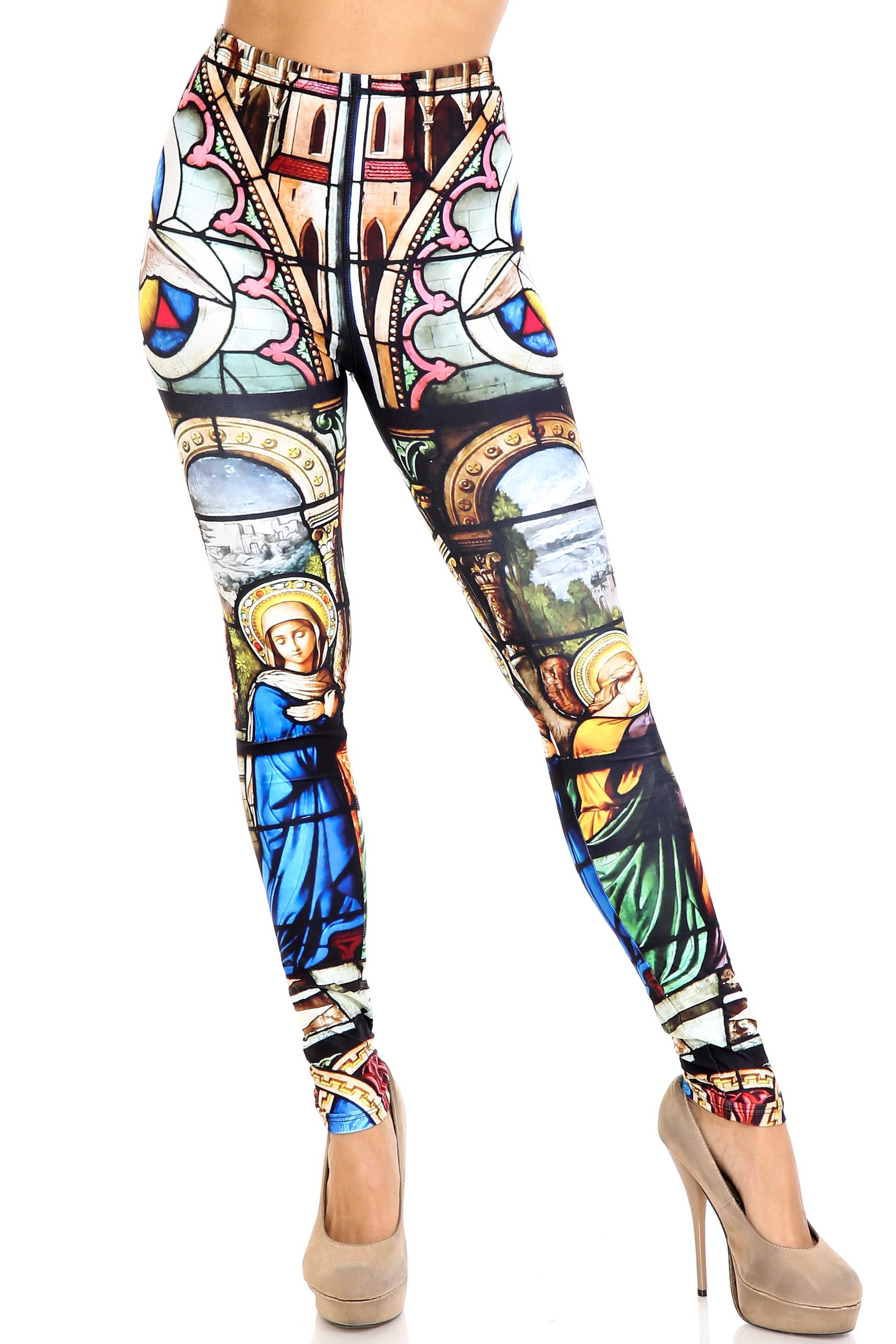 Creamy Soft Stained Glass Cathedral Plus Size Leggings - USA Fashion (One Size Plus,Multi Color Bold)