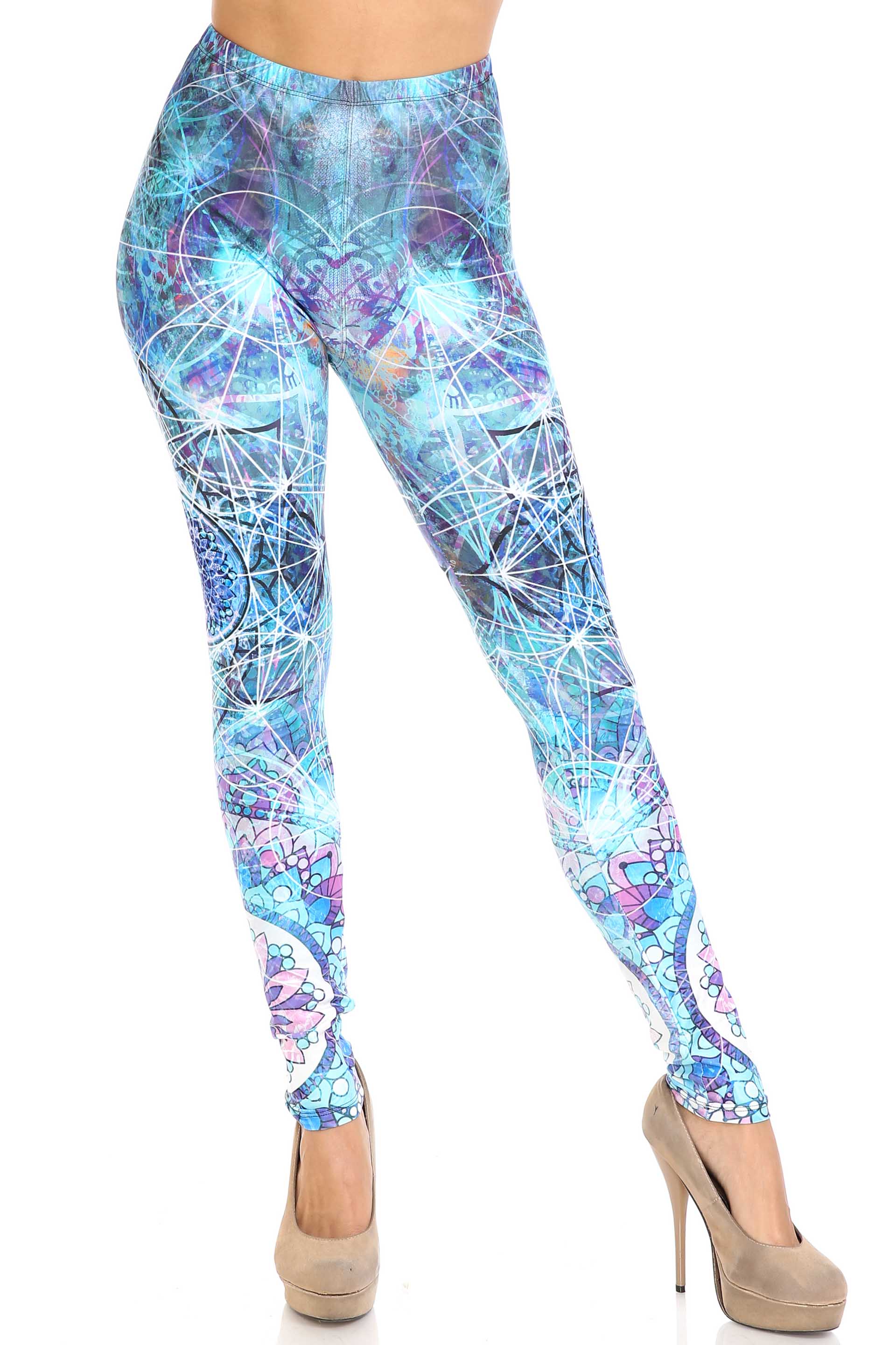 Creamy Soft Cyan Mandala Plus Size Leggings - USA Fashion (One Size Plus,Blue)