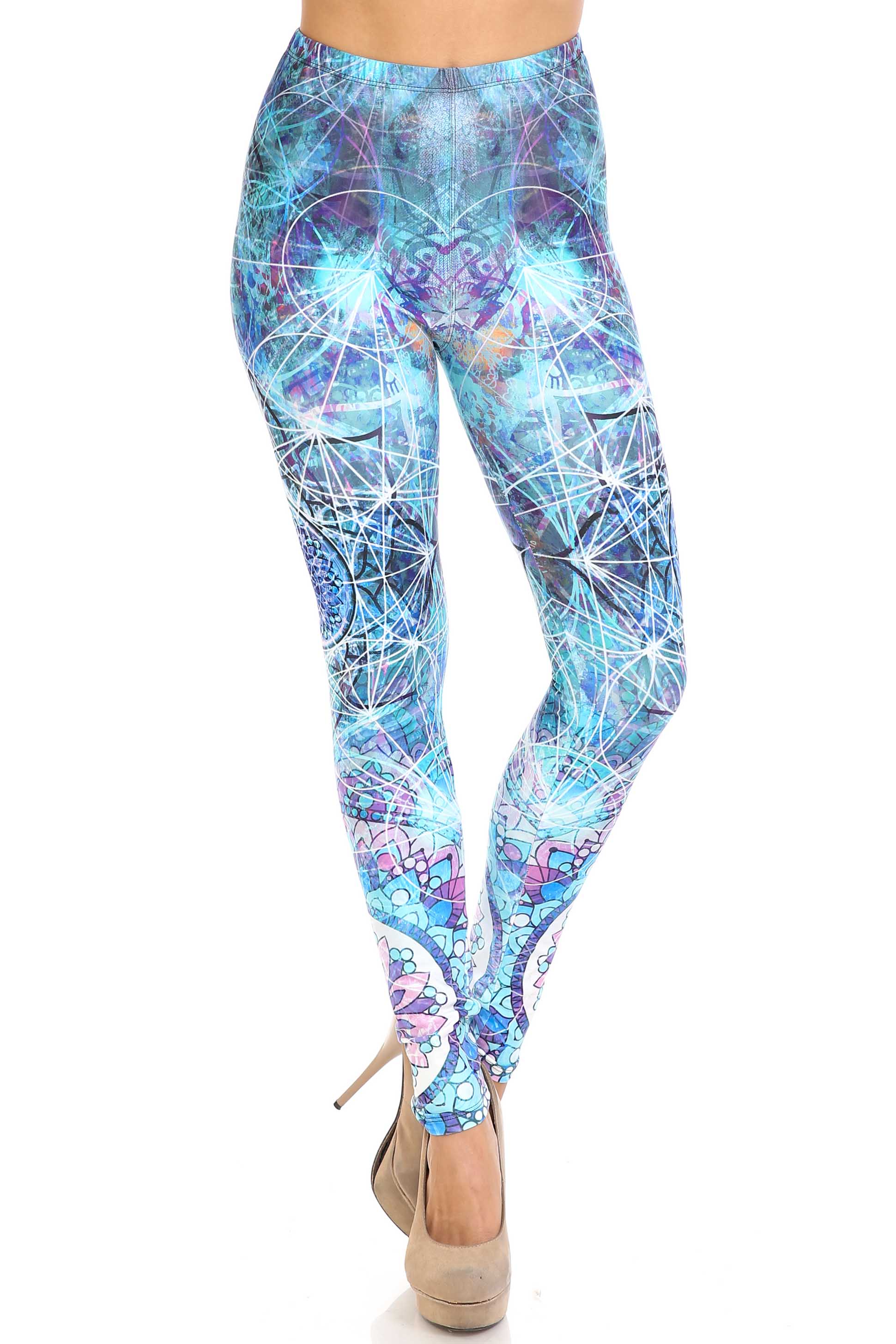 Creamy Soft Cyan Mandala Plus Size Leggings - USA Fashion (One Size Plus,Blue)